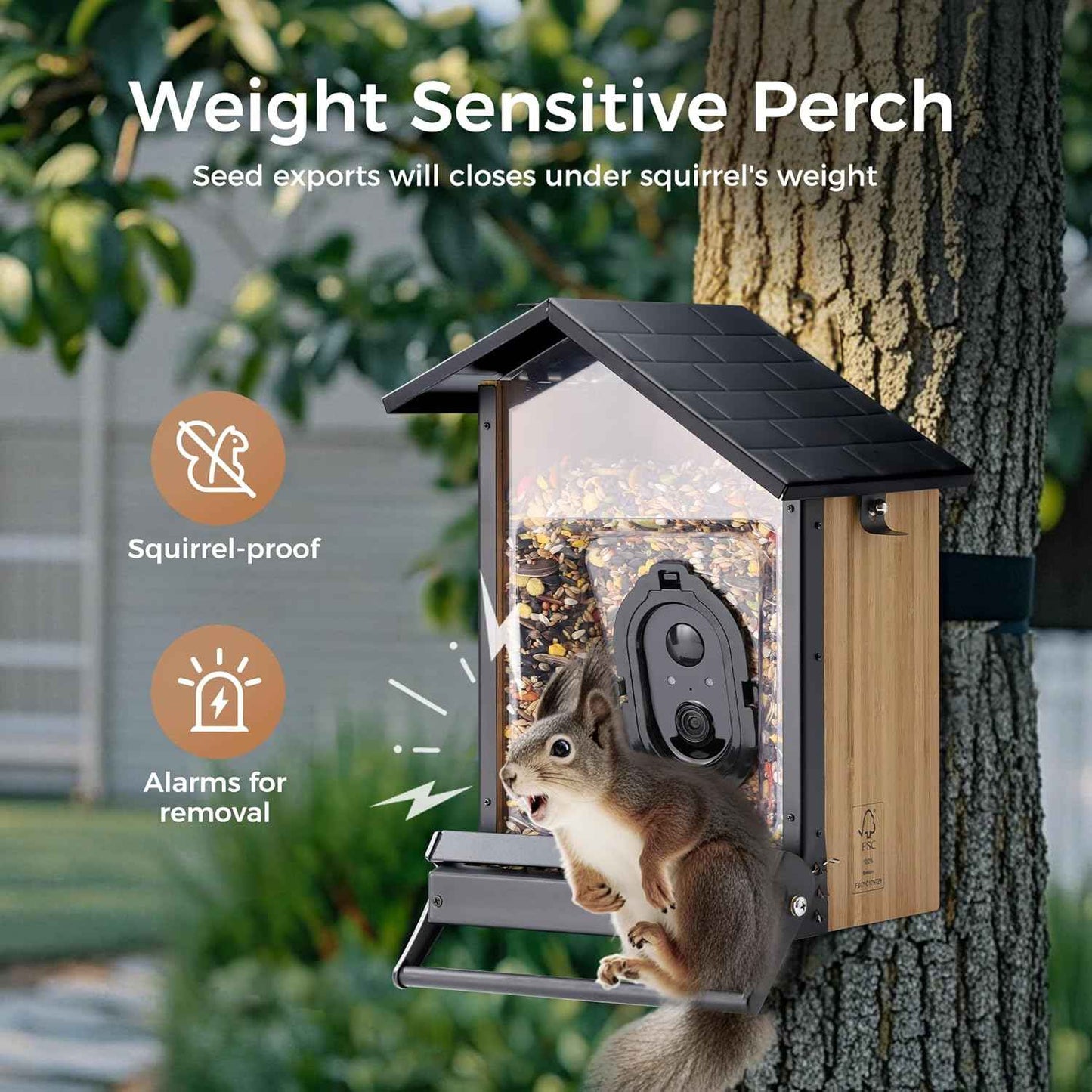 TT Nature Upgrade Squirrel-Proof Bird Feeder with Camera, Solar Powered, Smart AI Bird Species Recognition, Instant Notification, CCPA Data Security, Bamboo 3.2L Large Capacity, Ideal Gift