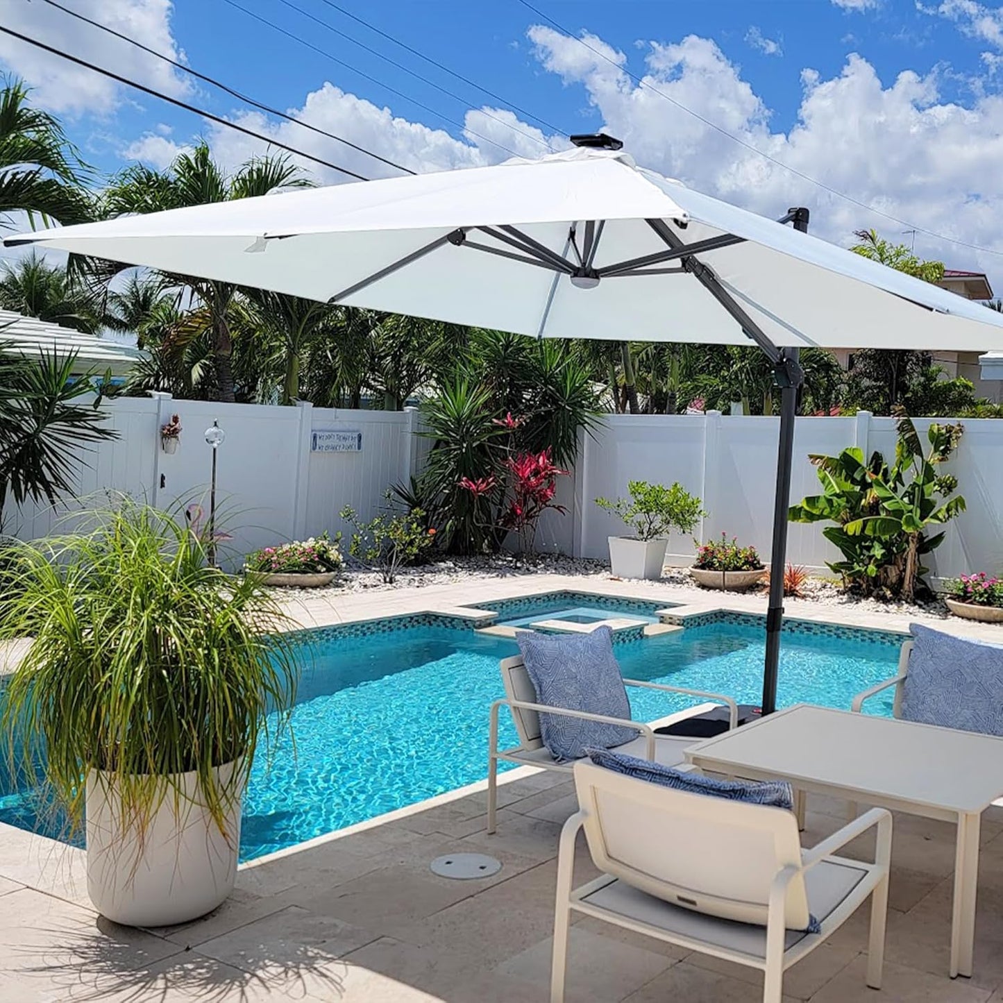 PURPLE LEAF 10 Feet Patio Umbrella Outdoor Cantilever Solar Powered LED Square Umbrella Aluminum Offset Umbrella with 360-degree Rotation for Garden Deck Pool Patio White