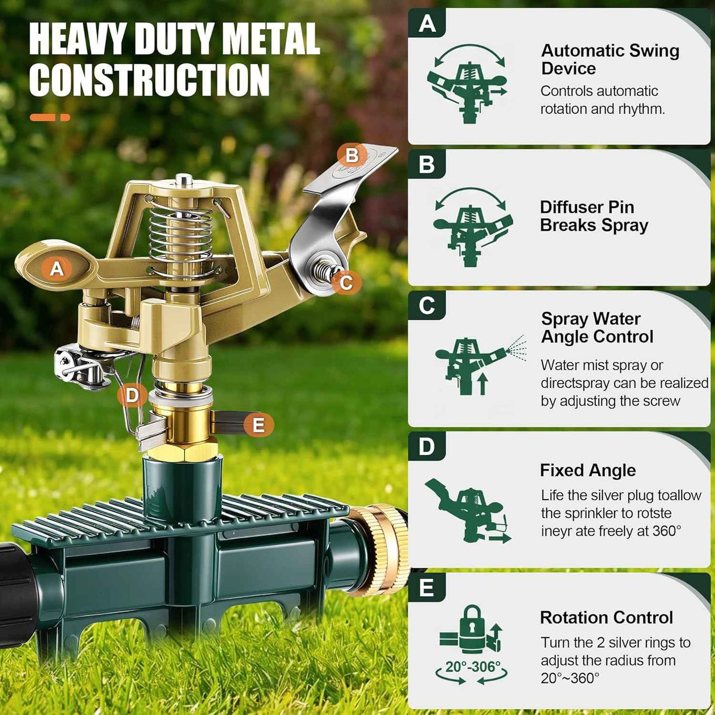 Heavy Duty Impact Sprinkler for Yard Large Area, 360° Brass Pulsating Sprinkler, Includes 3 Stackable Extension Risers, Long Range Lawn & Garden Water Sprinklers(Metal Spike Base)