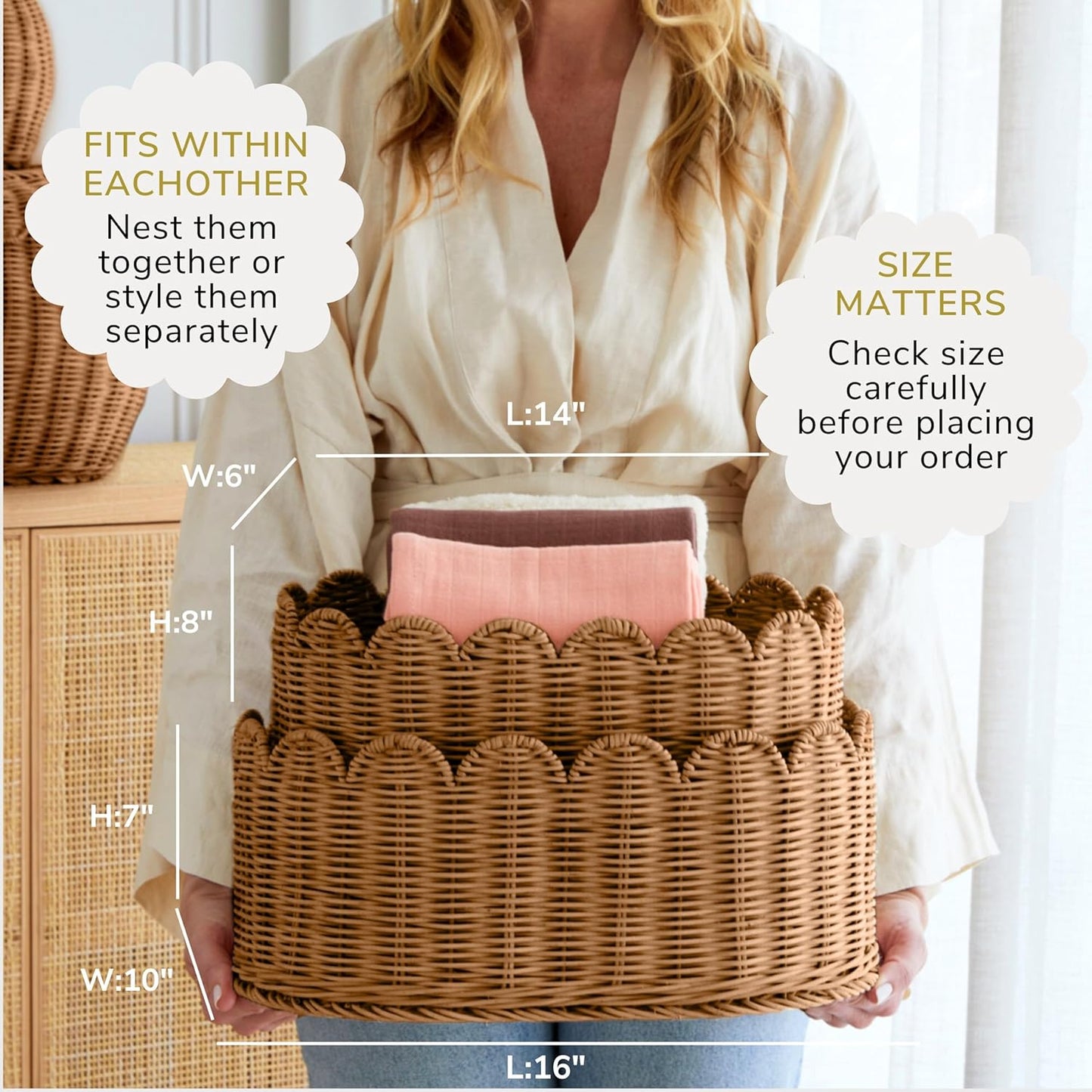 BEBE BASK Premium Scalloped Basket Set Of 2 - Scallop Basket - 16 x 10 x 7 Inch - Hand-Woven Elegant Wicker With Scalloped Edge - Nursery Storage (Mocca)