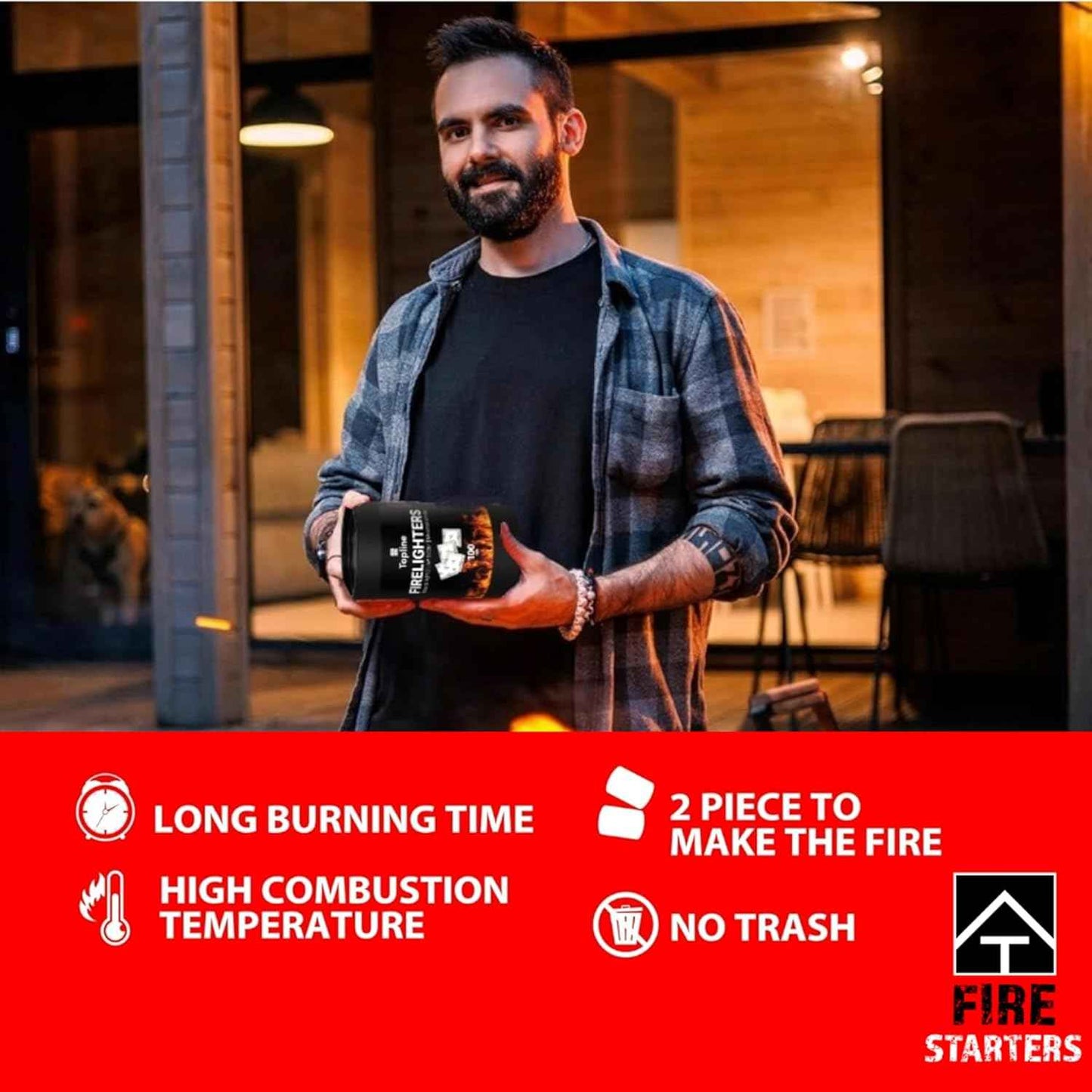 Topline 100 Fire Starters for Fireplace, Wood Stove, Charcoal BBQ & Campfire — Waterproof Odorless Fire Starter Sachets, Quick-Light Indoor & Outdoor Firestarter Pouches in Storage Tube