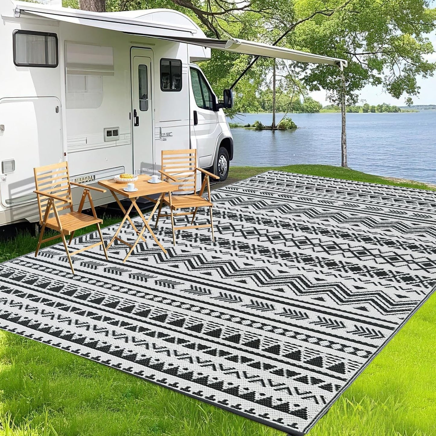 WILDROOTS 9x12 Feet Black and White Plastic Outdoor Rug, Stain Resistant Waterproof Reversible Outdoor Patio Rug, Fade Resistant Camping Rug