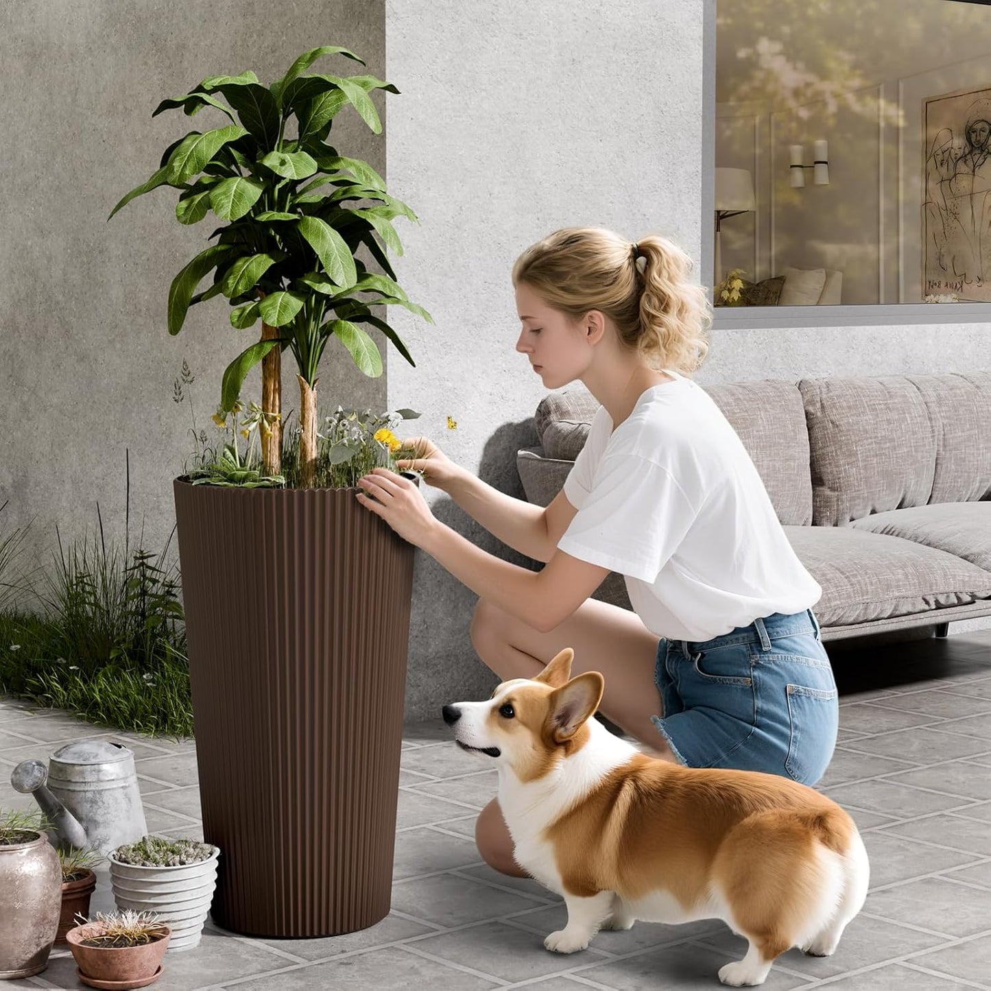 23.6" Tall Planters for Outdoor Plants,Large Outdoor Planters for Front Porch Decor with Drainage Hole, Flower Pots Fits Indoor Plants Patio/Garden, Plastic Striped Brown(2 Pack)