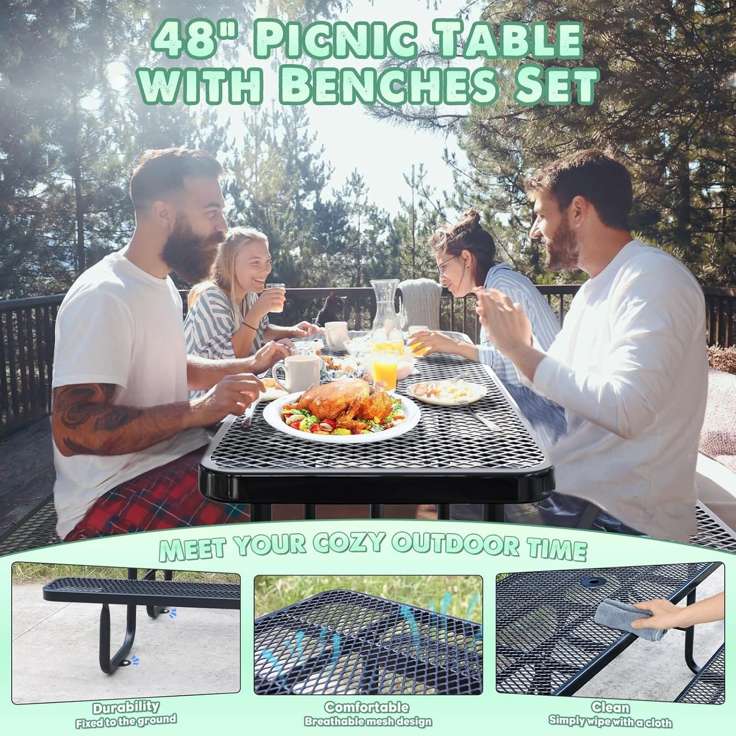 Heavy-Duty Park Bench or Table for Outside - Black Coated Outdoor Furniture Steel Bench, Commercial-Grade Outdoor Benches Weatherproof for Park, Patio, Porch (Black, 4FT (Rect. Table))