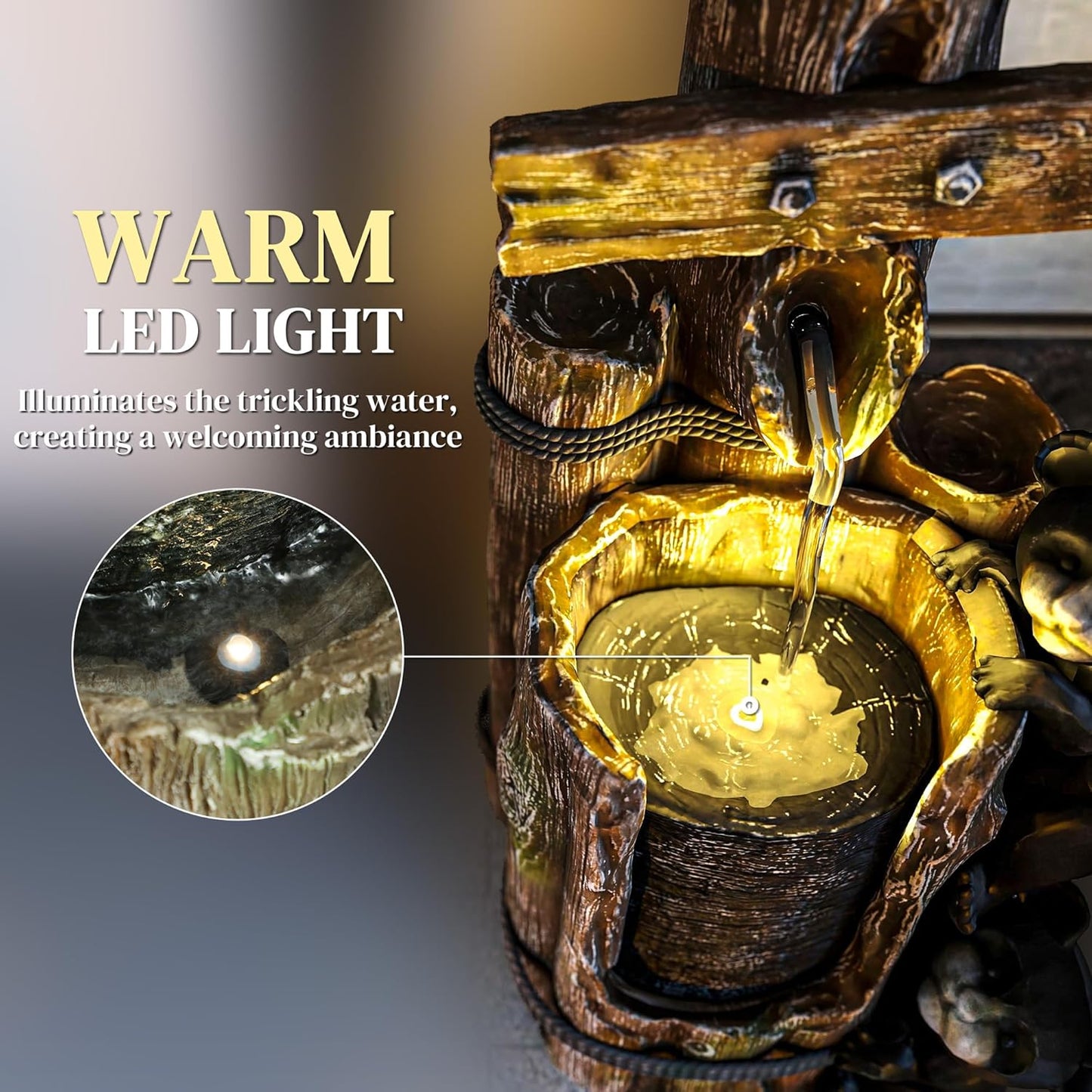 22.8" Outdoor Water Fountain, 3-Tier Resin Bears on Log Waterfall with LED Lights and Adjustable Pump, Rustic Floor Standing Garden Decor for Patio, Porch, Backyard, Brown