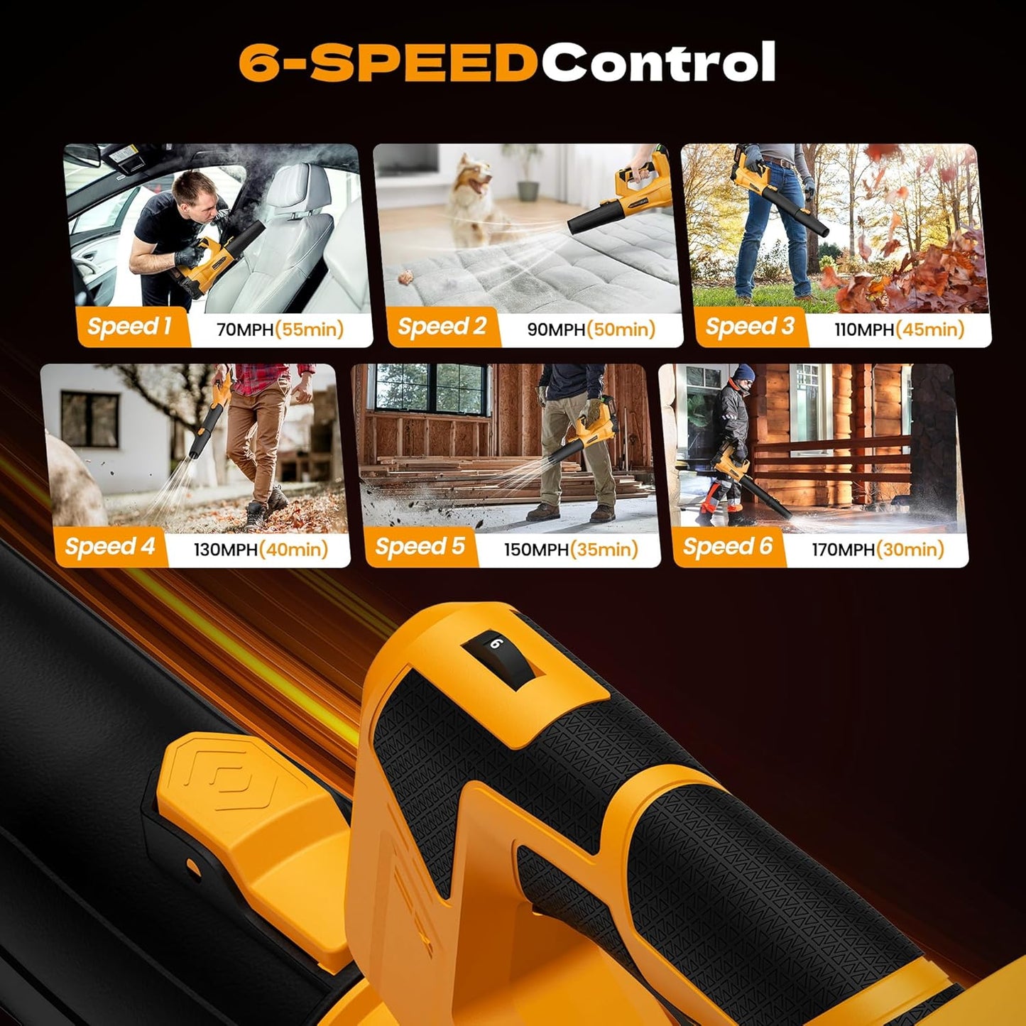 Leaf Blower Cordless, 650 CFM/170 MPH, 6-Speed Levels with 2 X 4.0Ah Handheld Battery Leaf Blower, Electric Blowers for Lawn Care, Garden, Yard (Yellow & 2 Battery)