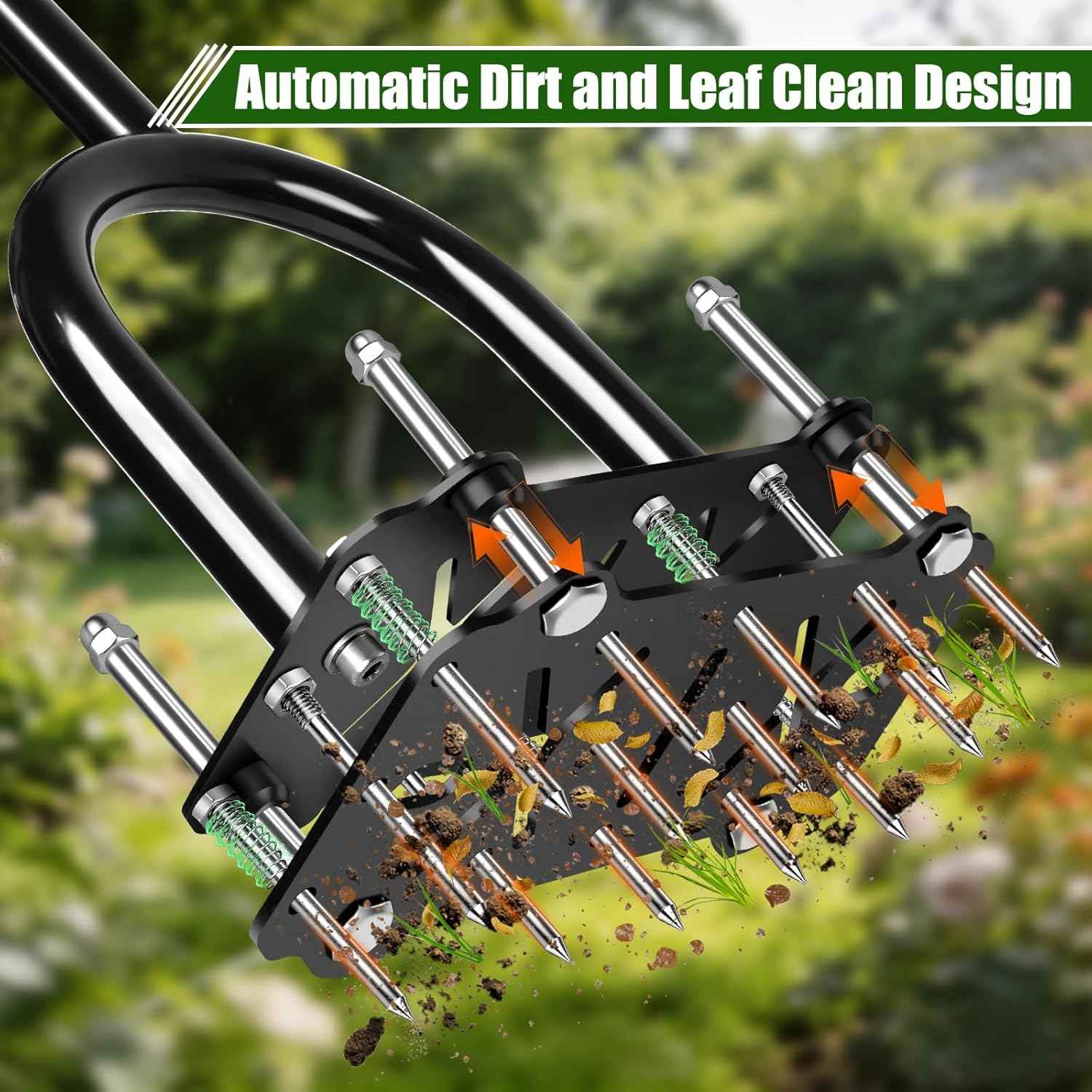 Adjustable Lawn Aerator Tool with Rebound Spring – 16 Sharp Metal Spikes Soil Aerator with Ergonomic T-Handle & Wide Foot Plate, Heavy Duty Yard Lawn Aerator for Garden Lawn Care