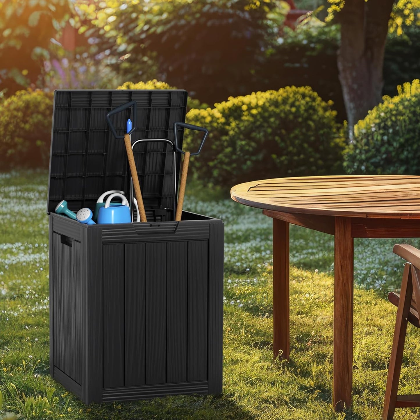 28 Gallon Resin Deck Box, Lockable Patio Outdoor Storage Box for Furniture, Garden Tools and Tools Storage, Waterproof Outside Storage Boxes - Black