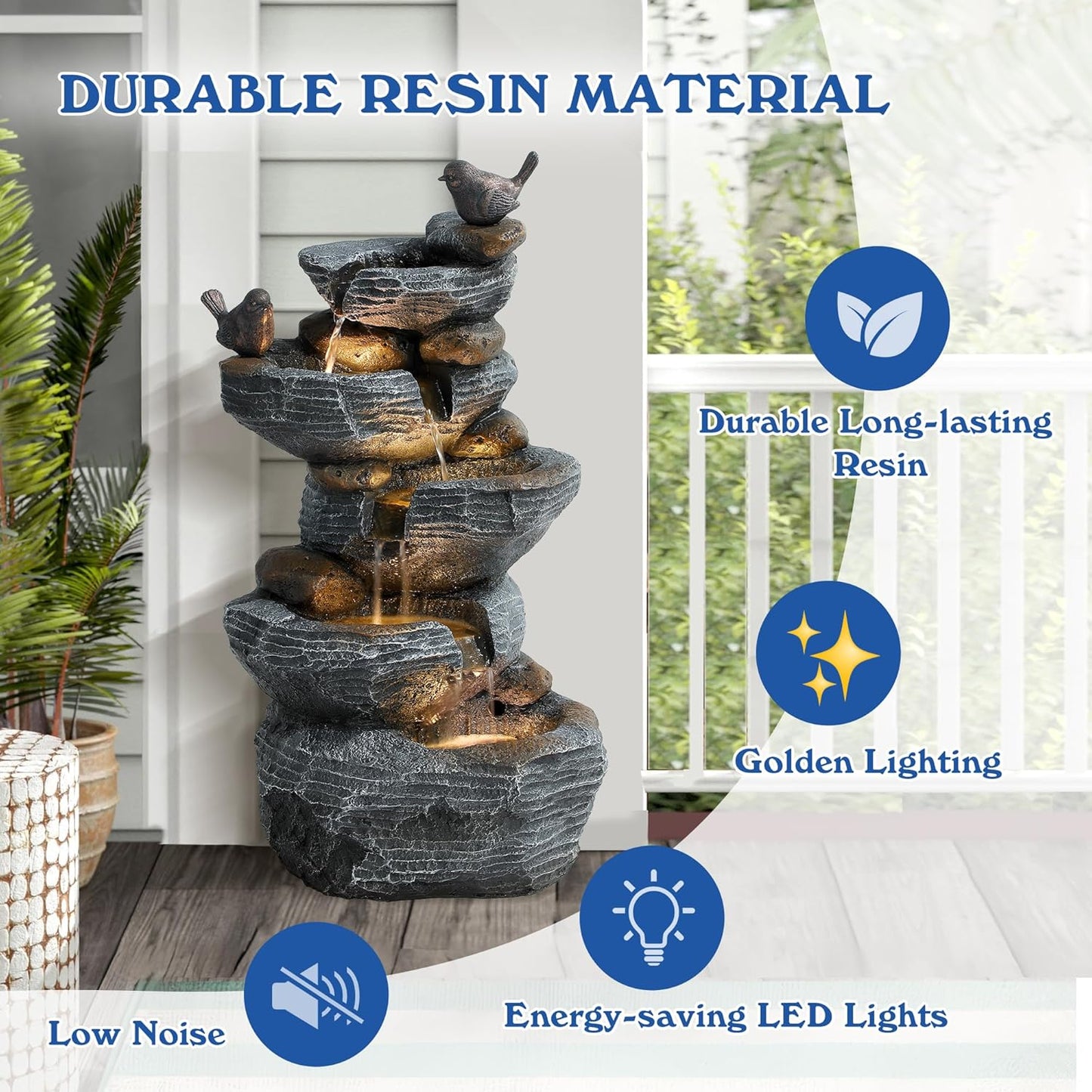 5-Tiers Cascading Rock Water Fountain Outdoor - Waterfalls Fountains with LED Lights, Outdoor/Indoor Resin Water Feature Fountain for Patio, Garden, Backyard, Deck, Porch, Home Docor