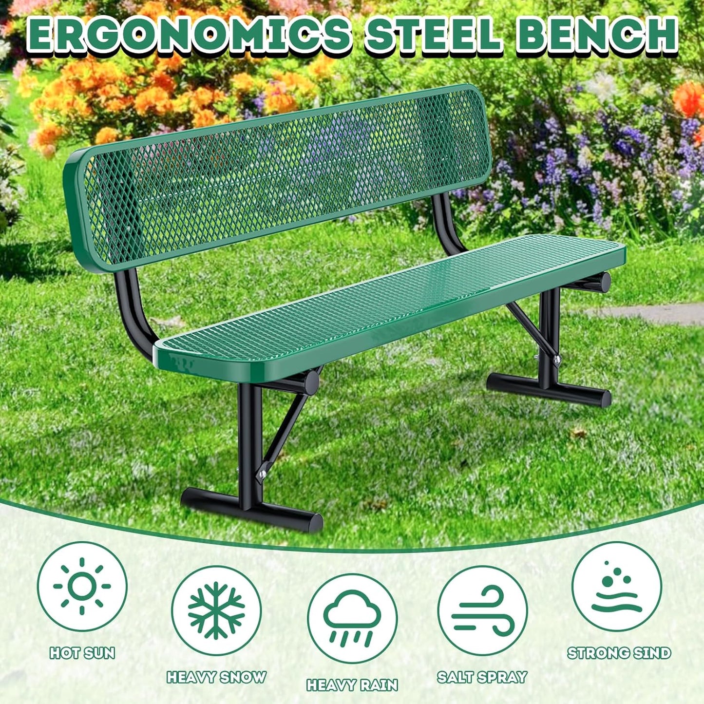 6Ft Outdoor Bench with Back Portable Frame, Outdoor Steel Park Bench with Backrest, Expanded Metal Mesh Bench for Outside, Lawn, Backyard, Park, Deck, Garden, Patio, Porch, Green