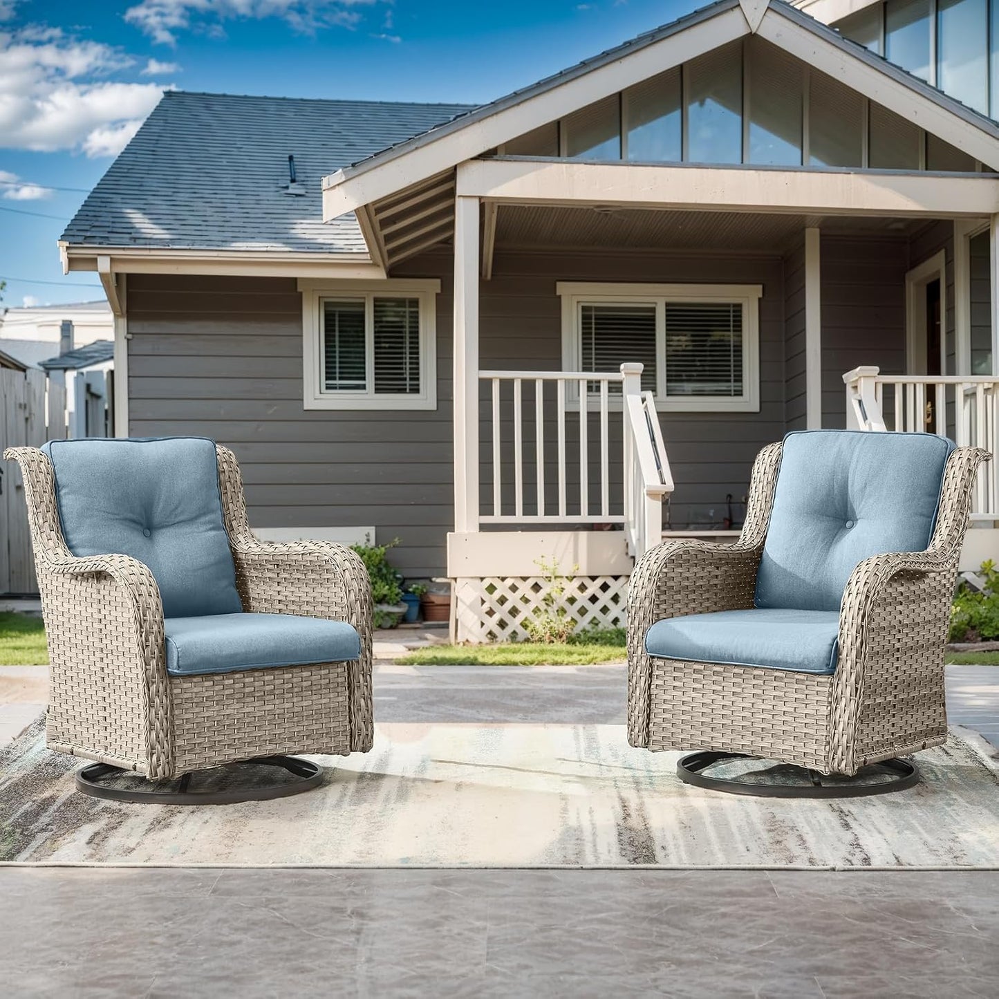 Outdoor Swivel Rocker Patio Chairs-Wicker Patio Swivel Chairs Set of 2 PE Rattan Patio Furniture for Porch Deck Balcony Garden-Light Grey/Light Blue