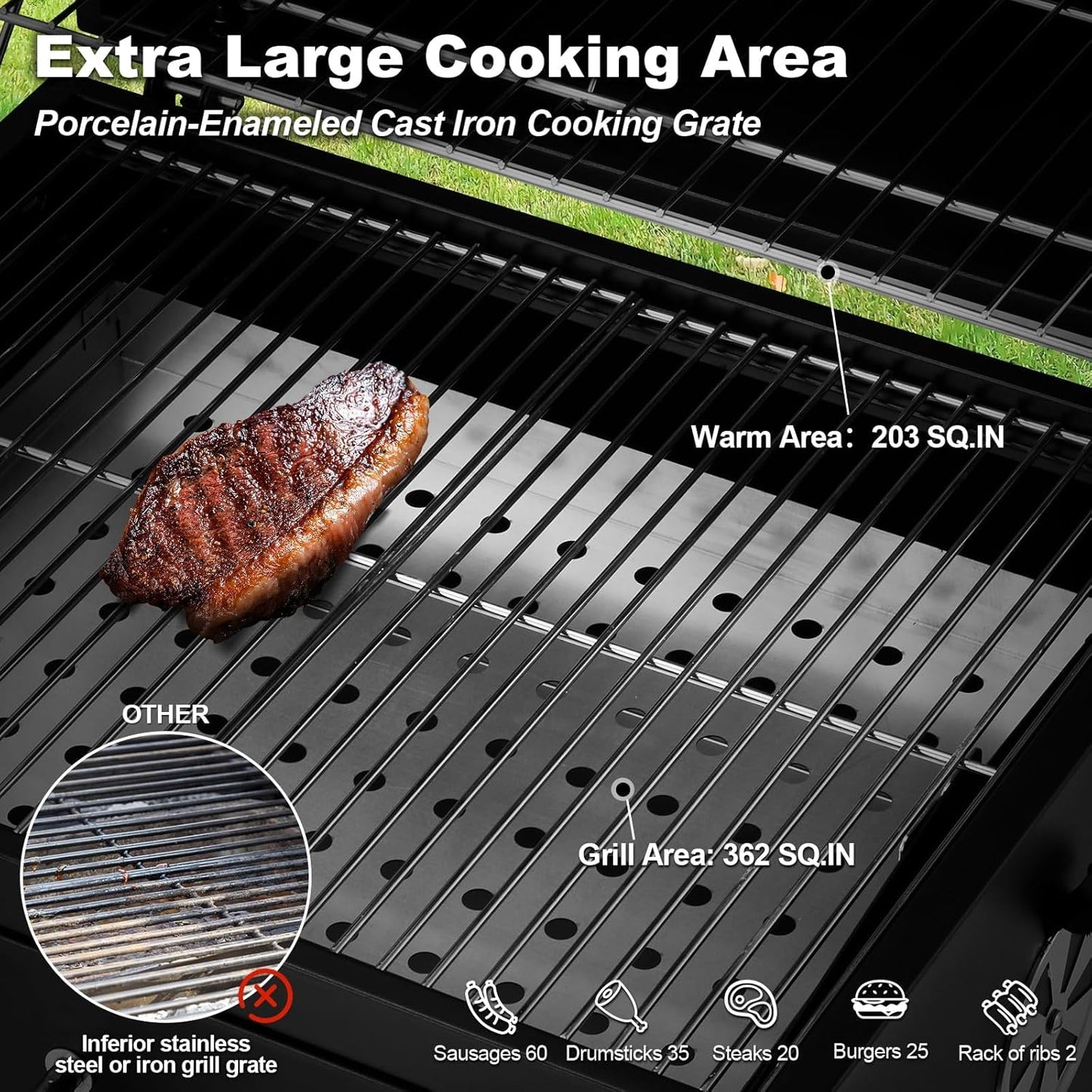 MELLCOM Charcoal Grill with Wood Foldable Side Table - 338 Sq.In BBQ Area with Individual Lifting Charcoal Trays & Thermometer, Movable Charcoal Grill for Outdoor Patio, Garden and Backyard