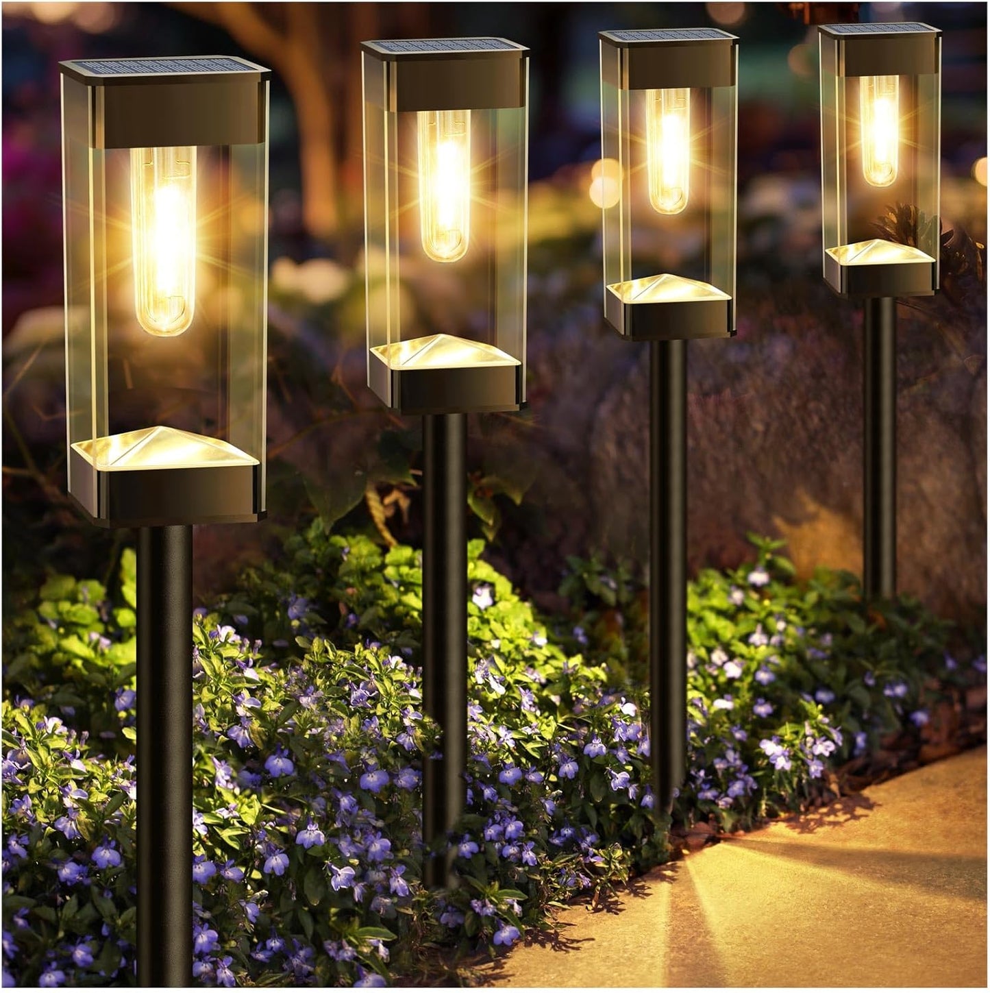 Solar Pathway Lights Outdoor Waterproof Solar Outdoor Lights with LED Tungsten Filament Bulb, Auto On/Off Garden Lighting for Outside Yard Landscape Driveway Lawn Path 4 Pack