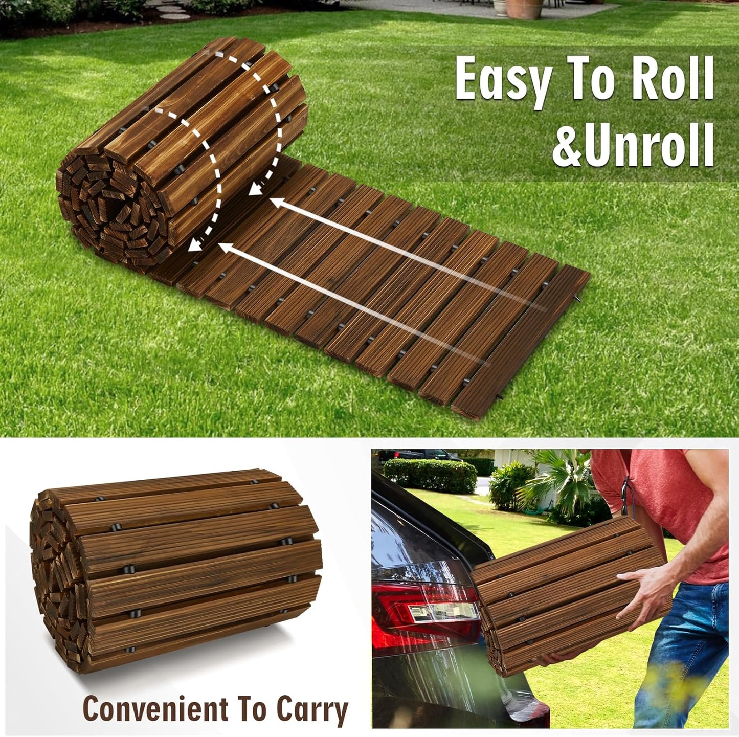8FT Wooden Garden Pathway,Outdoor Roll Out Decorative Straight Walkway,Weather-Resistant Patio Path,Non-Slip Pavers Boardwalk for Garden, Backyard, Beach, Wedding Party Pathways
