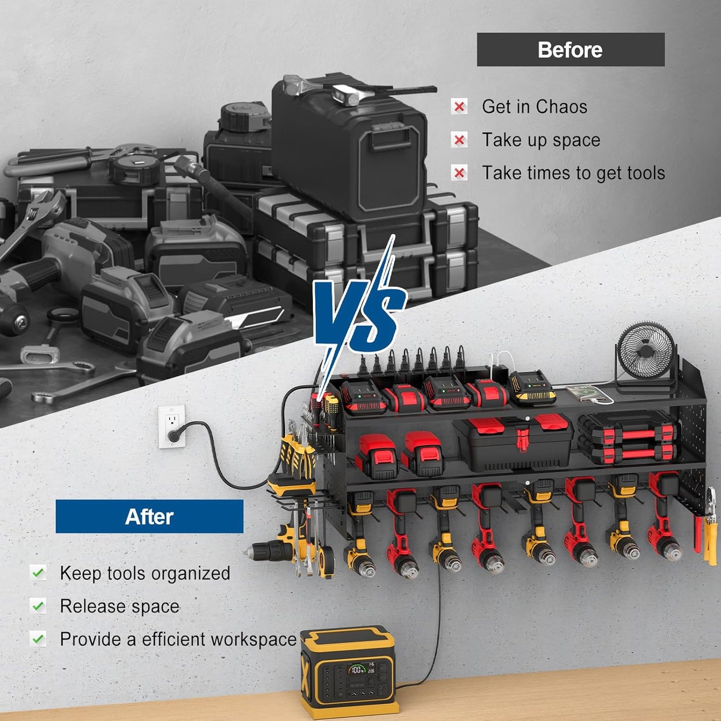 JUNNUJ Large Power Tool Organizer Wall Mount with Charging Station. Garage 8 Drill Holder Tools Battery Storage Shelf, Heavy Duty Utility Storage Rack Built in 8 Outlet 3 USB 10 FT Power Strip