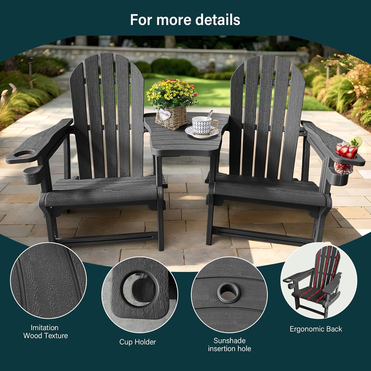 Adirondack Chairs Set of 2 Tool-Free Assembly,Removable Tabletop Tray,No Screws Needed,All-Weather HDPE Outdoor Patio Furniture Set with Cup Holders,Outdoor Lawn Chair for Patio Garden(Classic Black)