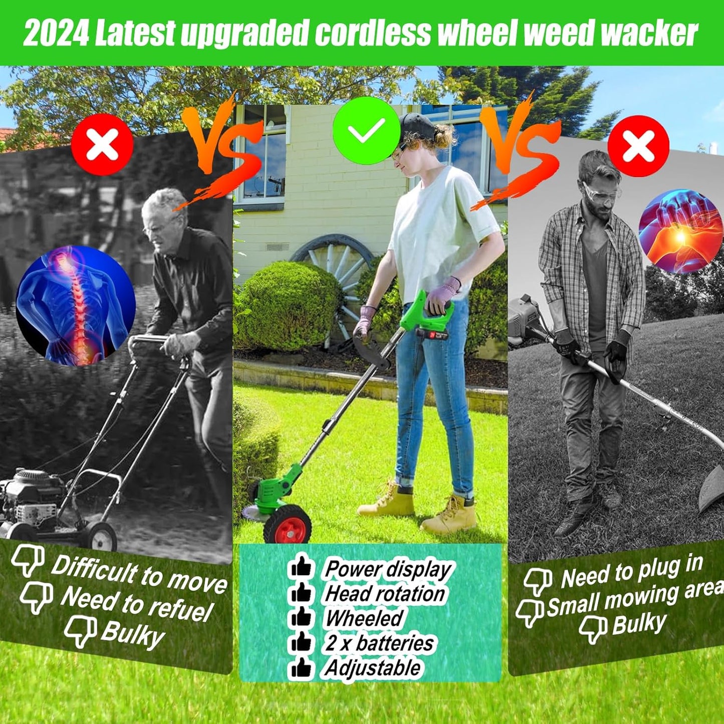 Electric Weed Wacker Eater Cordless Battery Powered, Weed Trimmer 21V Lightweight No-String with 2 Battery Operated & Wheels, 3 in 1 Stringless Grass Trimmer/Edger/Brush Cutter for Garden Yard Lawn