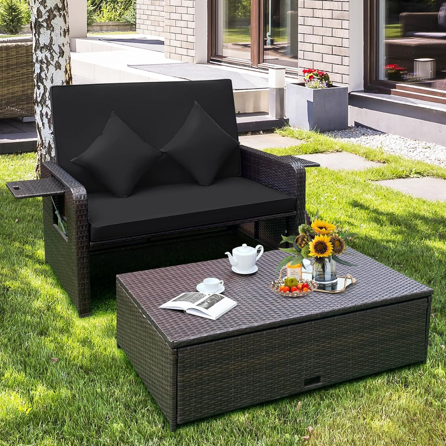 Tangkula Patio Rattan Daybed Set, Wicker Loveseat Sofa w/Multipurpose Ottoman & Retractable Side Tray, 4-Level Adjustable Backrest, Footstool w/Storage, Seat & Back Cushion Included (Black)