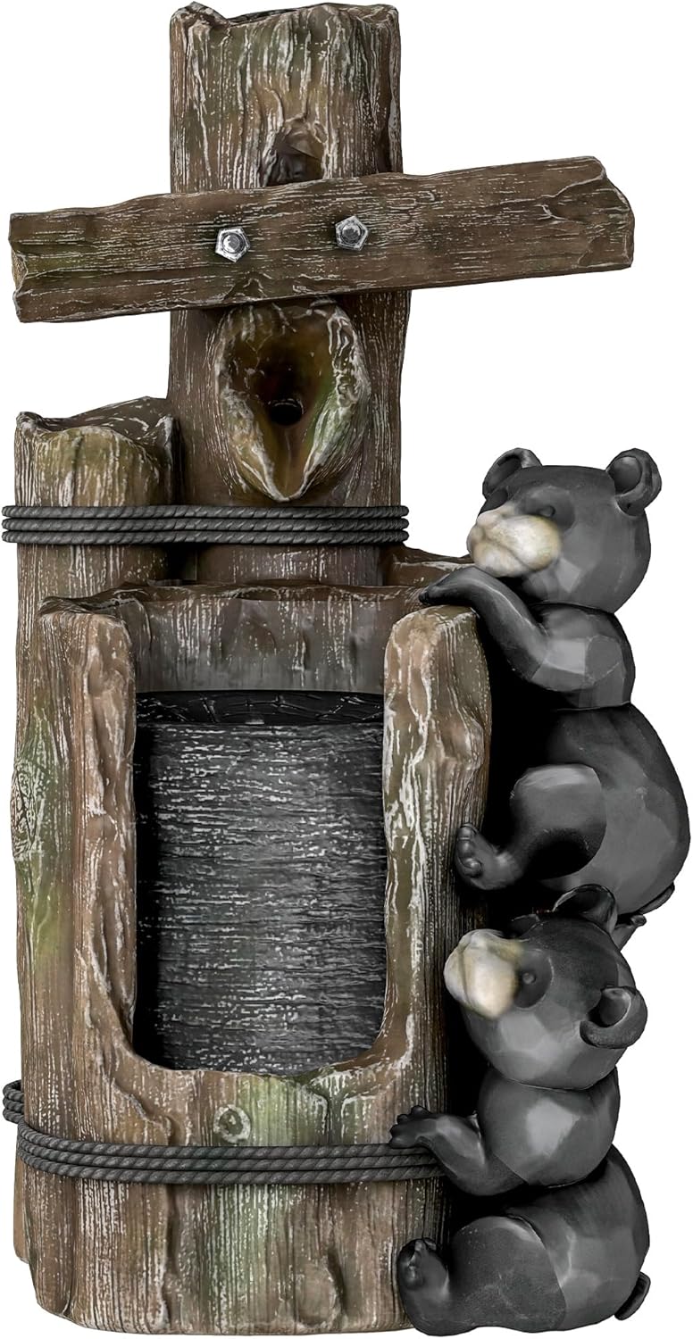 22.8" Outdoor Water Fountain, 3-Tier Resin Bears on Log Waterfall with LED Lights and Adjustable Pump, Rustic Floor Standing Garden Decor for Patio, Porch, Backyard, Brown