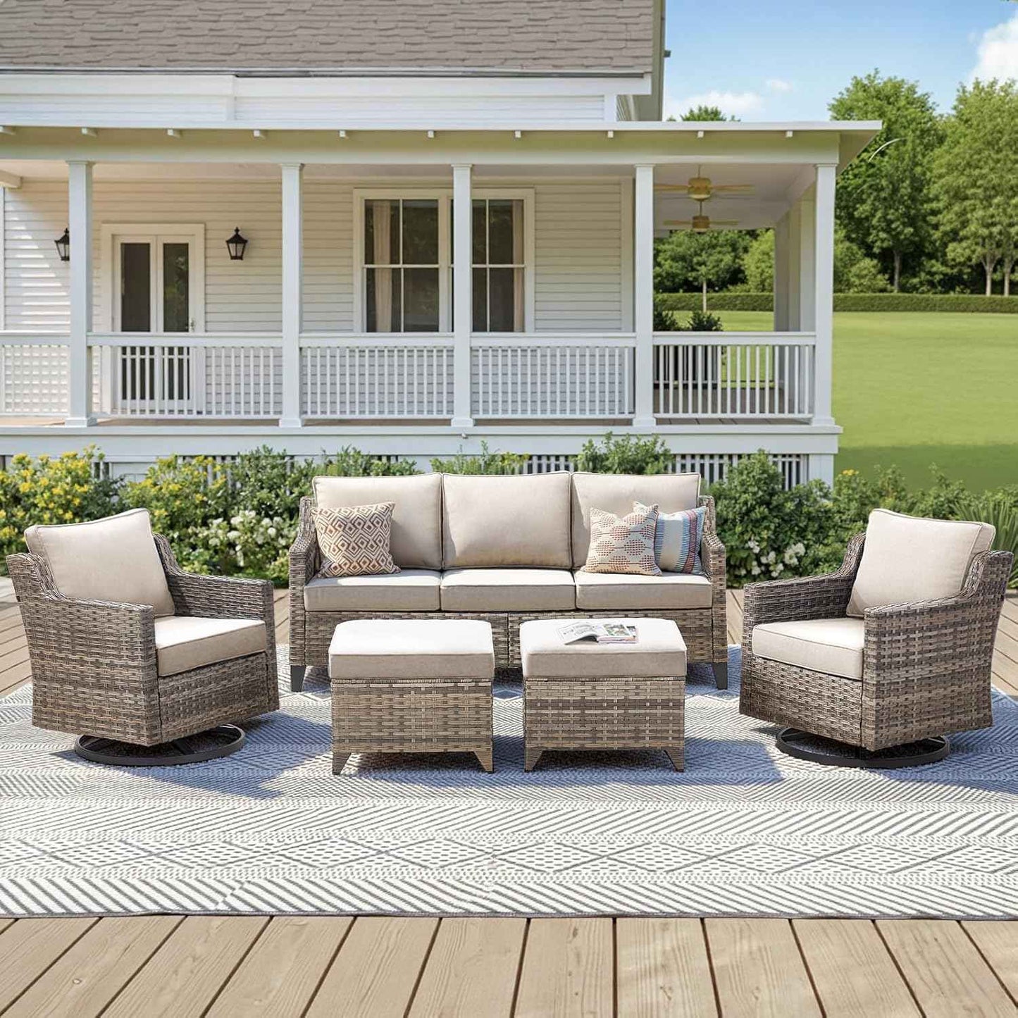 Outdoor Patio Furniture Set-5 Pieces All-Weather Wicker Outdoor Furniture with Swivel Patio Chairs Outdoor Patio Conversation Sets for Garden Porch Deck Grey/Beige