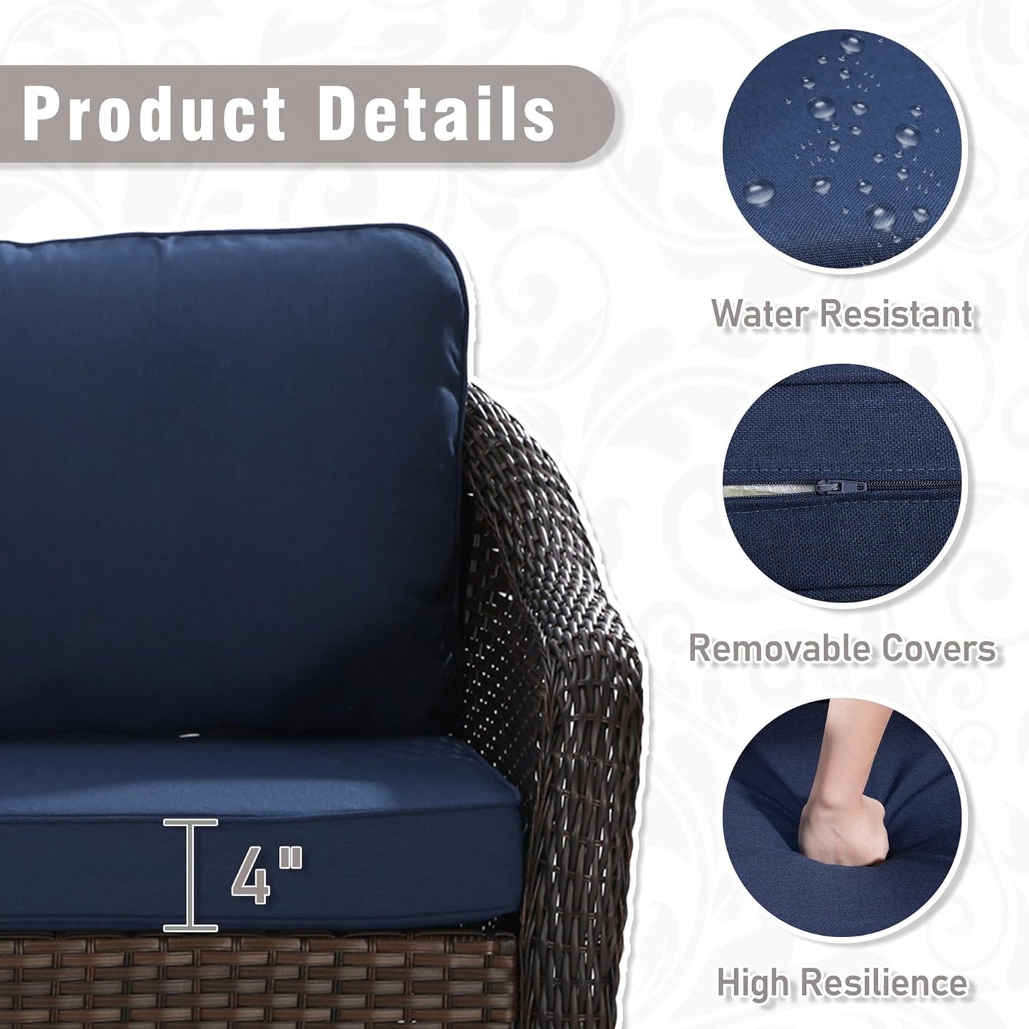 Outdoor Wicker Chair Set of 2, All-Weather Use Patio Rattan Chair with Seat and Back Cushion, Ideal for Porch, Backyard, Balcony, Poolside, Blue
