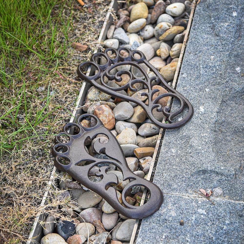 Sungmor Heavy Duty Cast Iron Stepping Mats for Front Door, 2PC 11.8 Inch Long Sturdy Metal Left & Right Footprint Stepping Stone, Retro Elegant Decorative Mat for Garden Lawn Panel Walkway Landscaping
