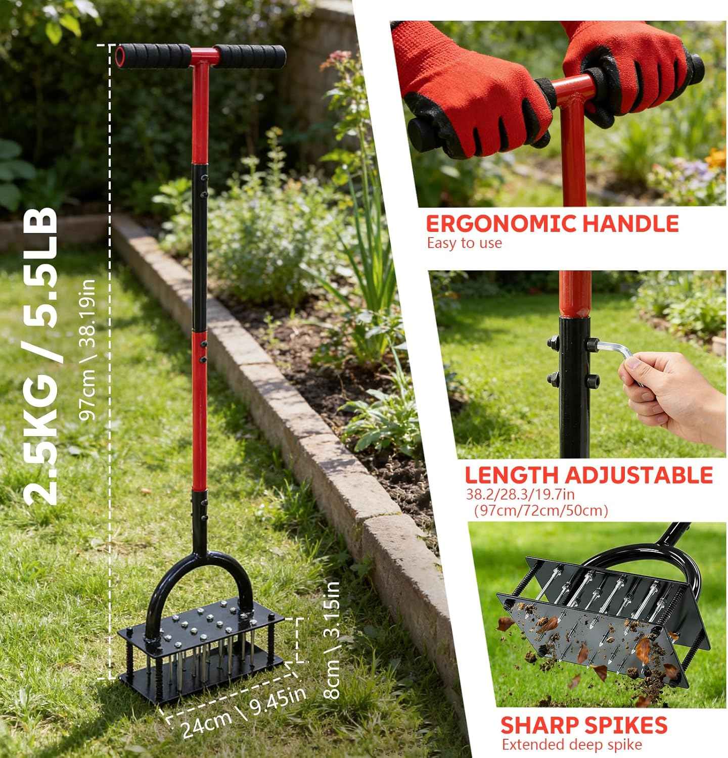 Lawn Aerator Tool, 16 Iron Spikes Manual Grass Aerator Lawn Tool with Spring-Loaded Design & Adjustable T-Handle, Automatic Leaf and Dirt Cleaning Yard Aerator for Loosening Soil Aerating Patio Garden