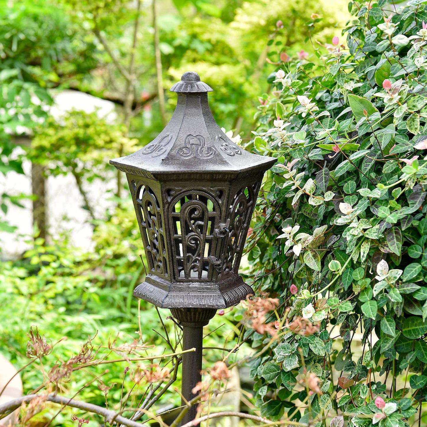 Sungmor Outdoor Decorative Lanterns, 47" Tall Cast Iron Floor Standing Candle Holders, Rustic Lantern Stand for Lawn Yard, Heavy Garden Lamp Post Porch Decor, Large Landscaping Candle Lantern