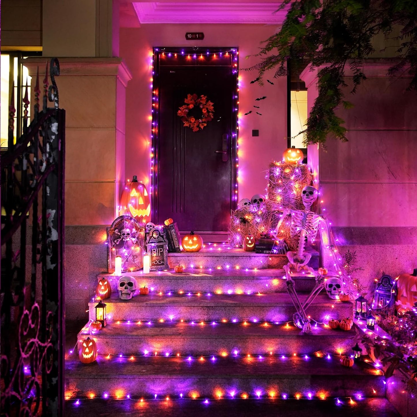 JMEXSUSS 33 FT 100 LED Halloween String Lights Indoor, Orange and Purple Halloween Lights Clear Wire, 8 Modes Outdoor Waterproof Christmas String Light Plug in