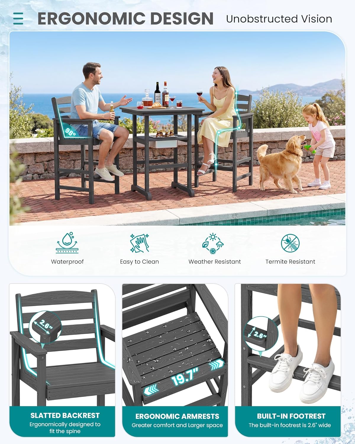 SERWALL Balcony Adirondack Chairs and Table 3 Pieces Set, HDPE Bar Height Chairs Set of 2 and Bar Table with Ice Bucket, Outdoor Bar Stools Set for Bistro, Poolside, Backyard, Grey