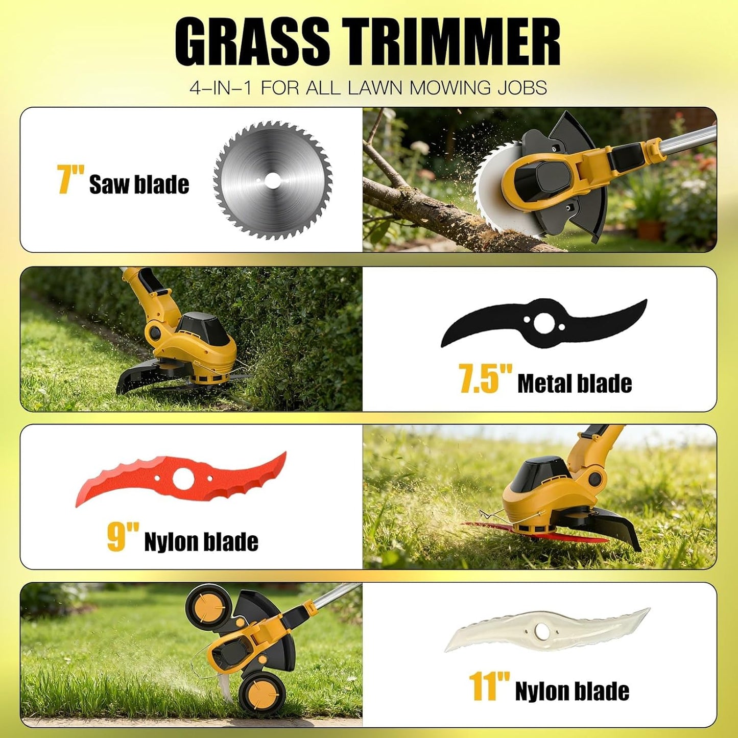 Weed Wacker Cordless Compatible with DEWALT 20V MAX Battery, Electric Weed Cordless Eater with 4 Types Blades, Brushless Grass Trimmer/Lawn Edger/Mower/Brush Cutter for Yard Garden(No Battery)