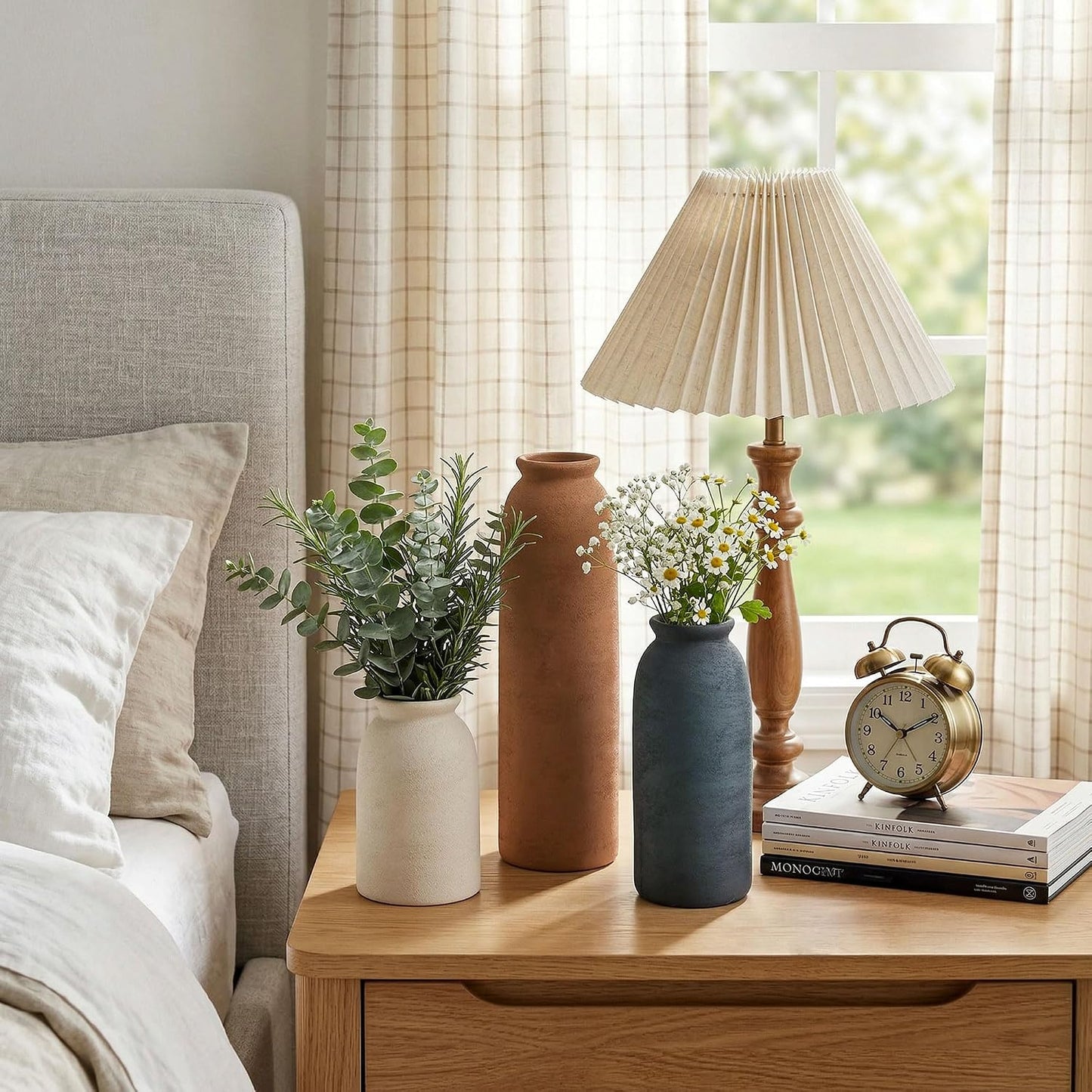 Ceramic Vase Set of 3, Small Flower Rustic Vases Home Table Decor, Modern Farmhouse Neutral Boho Pampas Pottery Vases Decorative for Centerpiece Mantel Entryway Shelf Living Room Kitchen