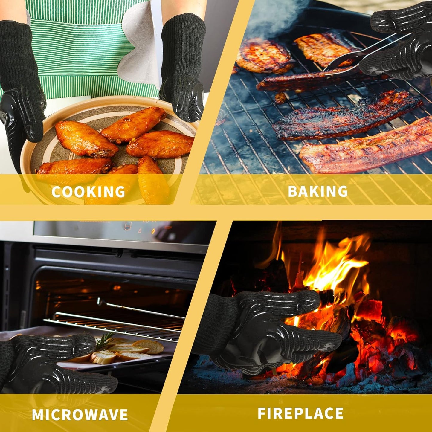 BBQ Gloves, 1472°F Heat Resistant Gloves Fireproof Mitts, Grilling Gloves Silicone Non-Slip Washable Oven Glove, Kitchen Glove for Barbecue, Grilling, Cooking, Baking, Camping, Smoker (Black)