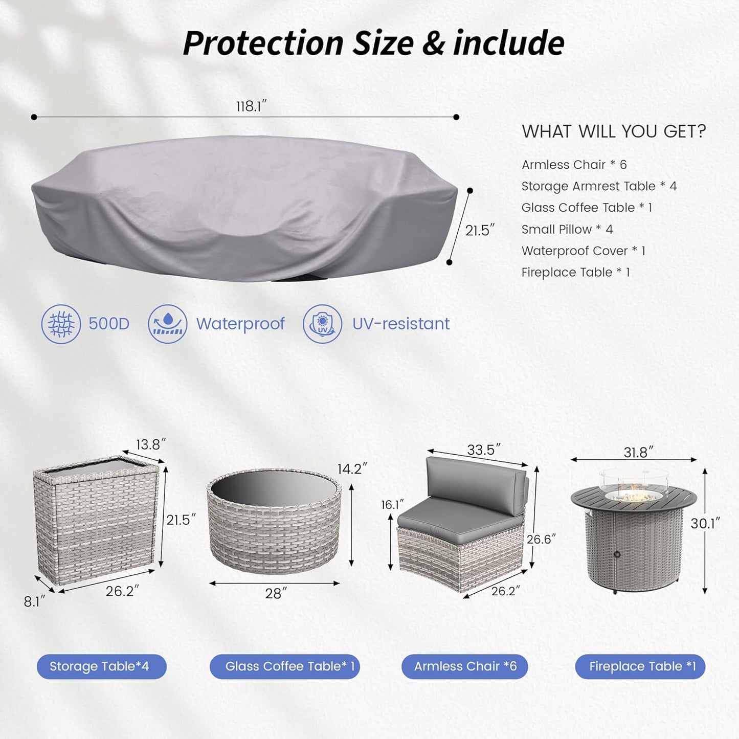 Patio Sectional Furniture Outdoor 12-Piece Grey Rattan Curved Sofa Set with Fire Pit Table,Storage Table,Pillows,Fit for Pool Backyard Balcony Porch Lawn (Grey)