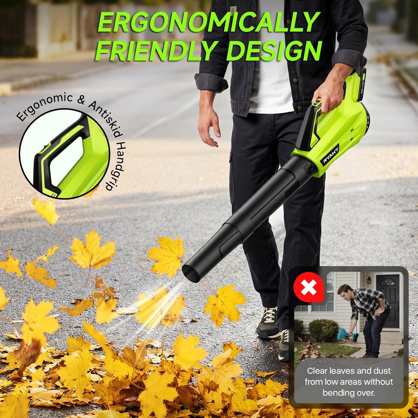 Leaf Blower Cordless, Leaf Blower with Battery and Charger - 2 Speed Modes, 2 Batteries, 20V Powerful Lightweight Electric Blowers for Blowing Leaves, Lawn Care, Patio, Green