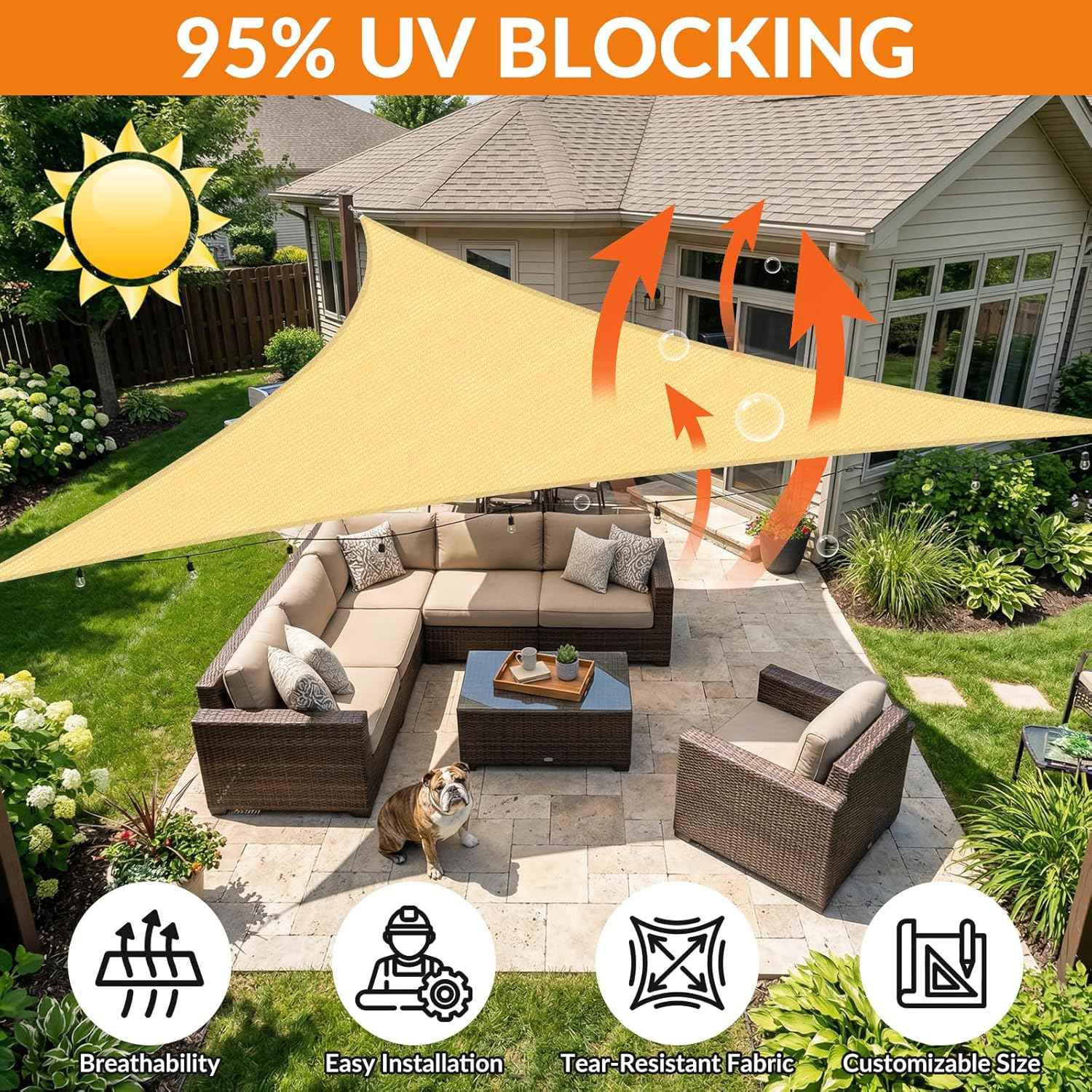 KANAGAWA 5'X9'X10' Triangle Sun Shade Sail Canopy, Sand 95% UV Block Heavy Duty HDPE Fabric, Breathable Outdoor Awning Sunshade for Patio Backyard Garden Deck – Custom