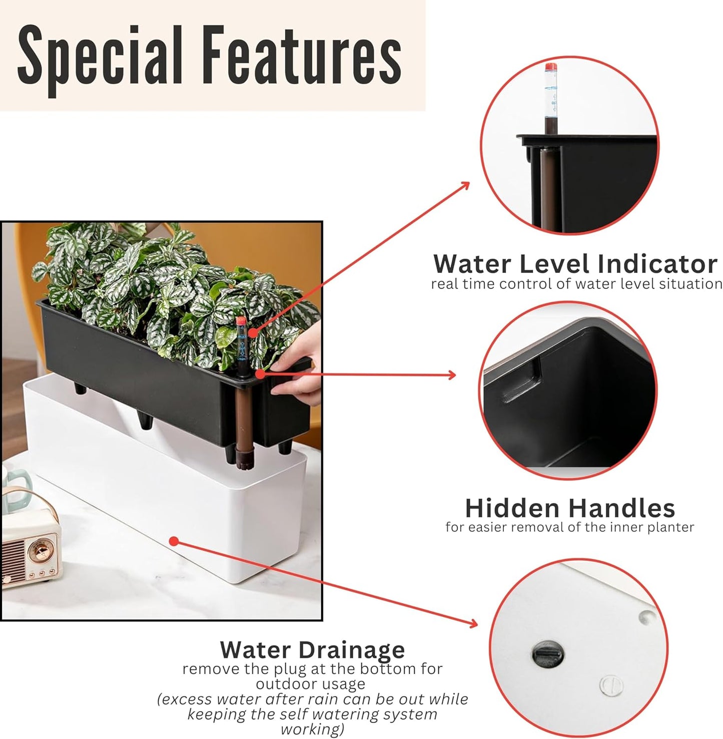 LaLaGreen Planter Box for Indoor Plants (16 Inch, 2 Pack) White Rectangular Self Watering Flower Pot, Large Window Boxes Planters with Drainage Decorative Modern Balcony Windowsill Herbs Home Garden