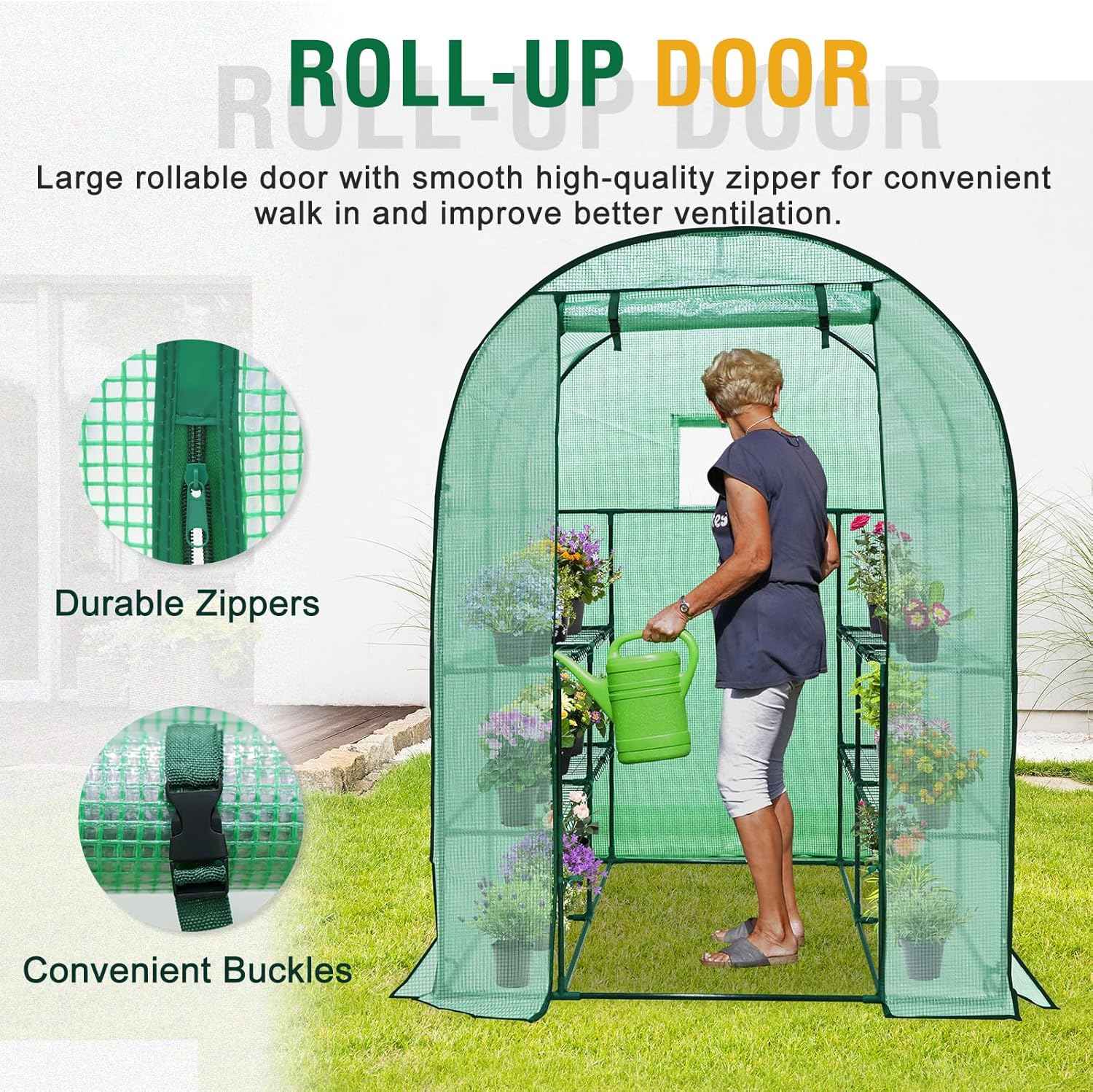 EAGLE PEAK 3-Tier Walk in Portable Greenhouse with 8 Wire Shelves, Indoor and Outdoor Garden House with Roll Up Zipper Door and Windows, Easy Set Up, 56.3"x56.3"x76.8", Clear/Green PE Cover