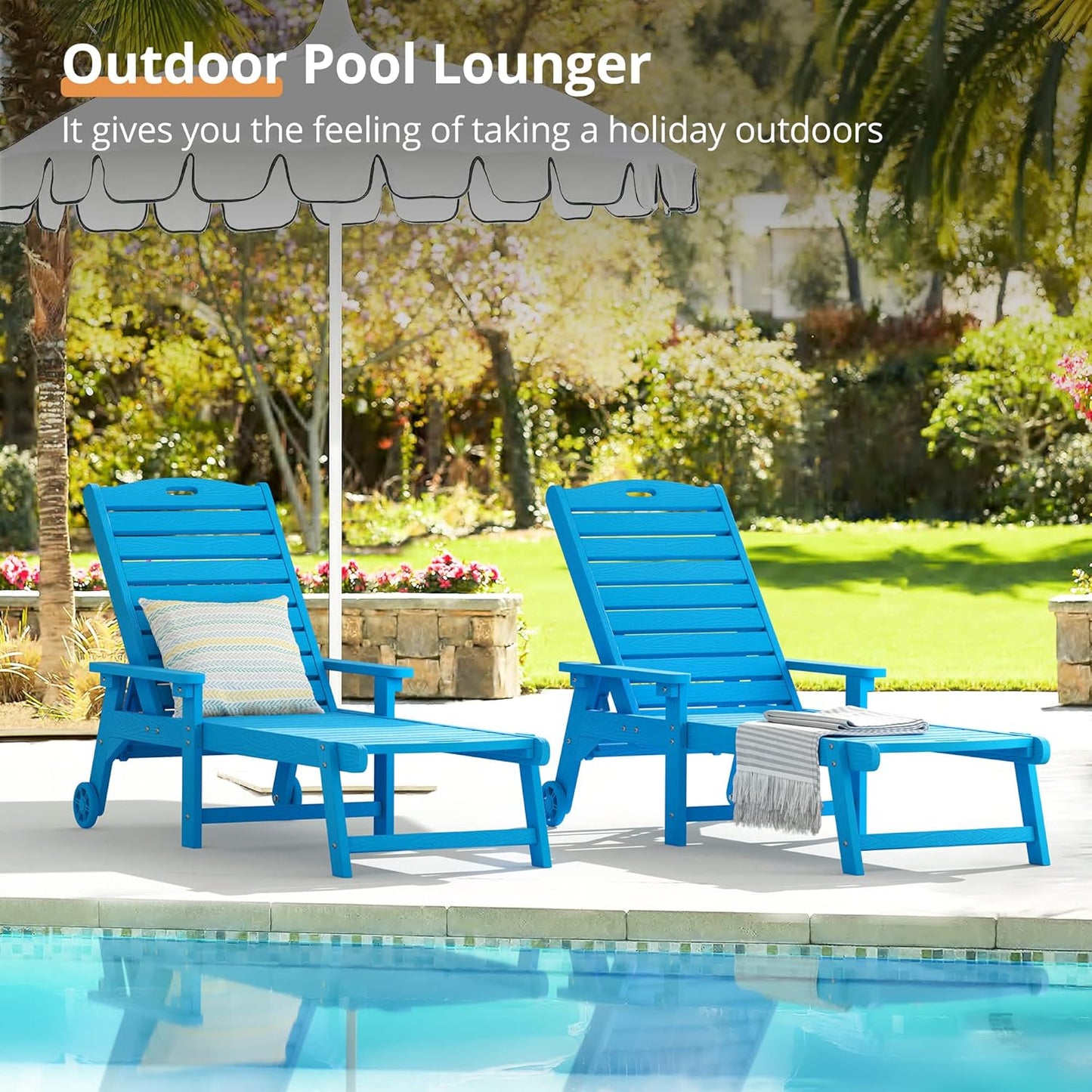 LUE BONA Outdoor Chaise Lounge, 79'' Oversized HDPS Chaise Lounger, 5 Positions Adjustable Lounge Chairs, Pool Lounge Chair with Wheels for Poolside, Backyard, 3 Year Warranty, Blue