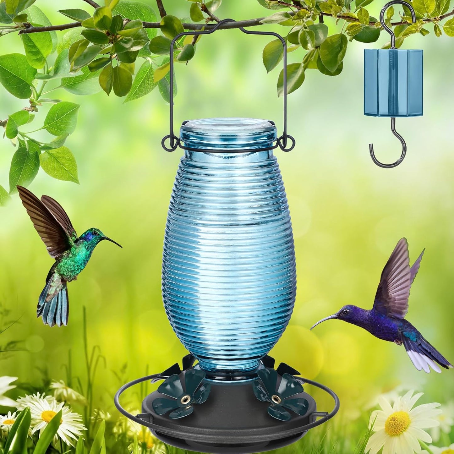 FEED GARDEN Glass Hummingbird Feeder for Outdoors Hanging, 20 OZ Humming Birds Feeders with 4 Bee Guard Feeding Ports & Built-in Ant Moat, Bird Feeder for Outside, Blue,1 Pack
