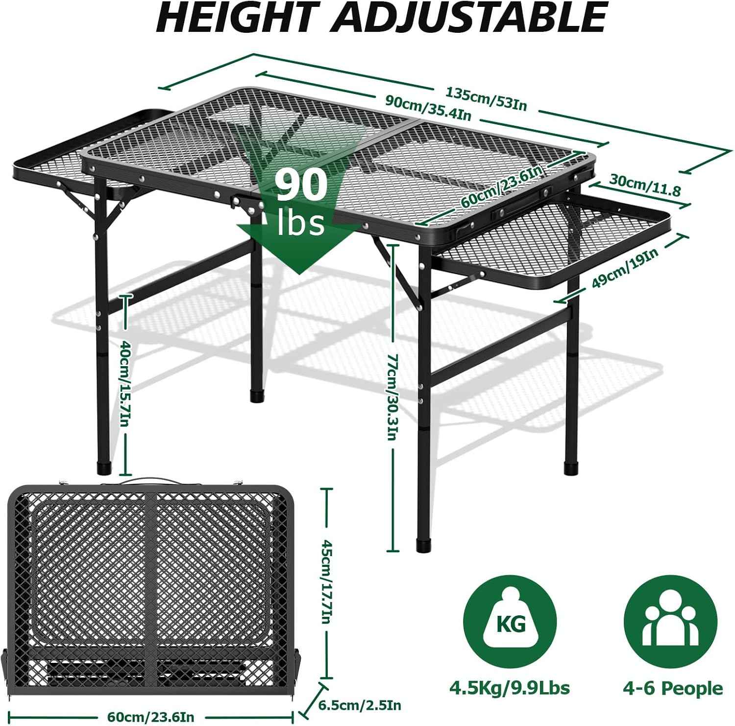 Folding Grill Table 30.3" Height Adjustable, Outdoor Camping Table with 2 Extra Desktops, 3x2 FT Portable Metal Grill Table for Outside for Picnic BBQ Camping Beach