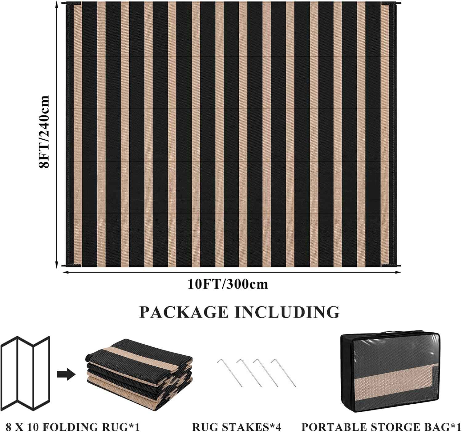 Vaukki Waterproof Outdoor Rug 8x10, Reversible Striped Patio Rug, Lightweight Plastic Straw Camping Mat, Indoor Outdoor RV Carpet for Outsides, Patio, Camping, Balcony, RV and Deck, Black and Beige
