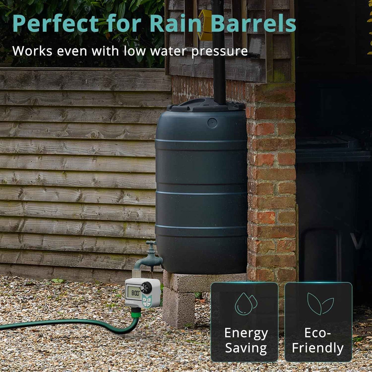 QUOBAS Low Pressure Water Timer, Weekly Programmable Sprinkler Timer with Brass Inlet & Outlet for Rain Barrel, Garden Hose, with Ball Valve & Waterproof Screen, Rain Delay/Manual/Auto Modes