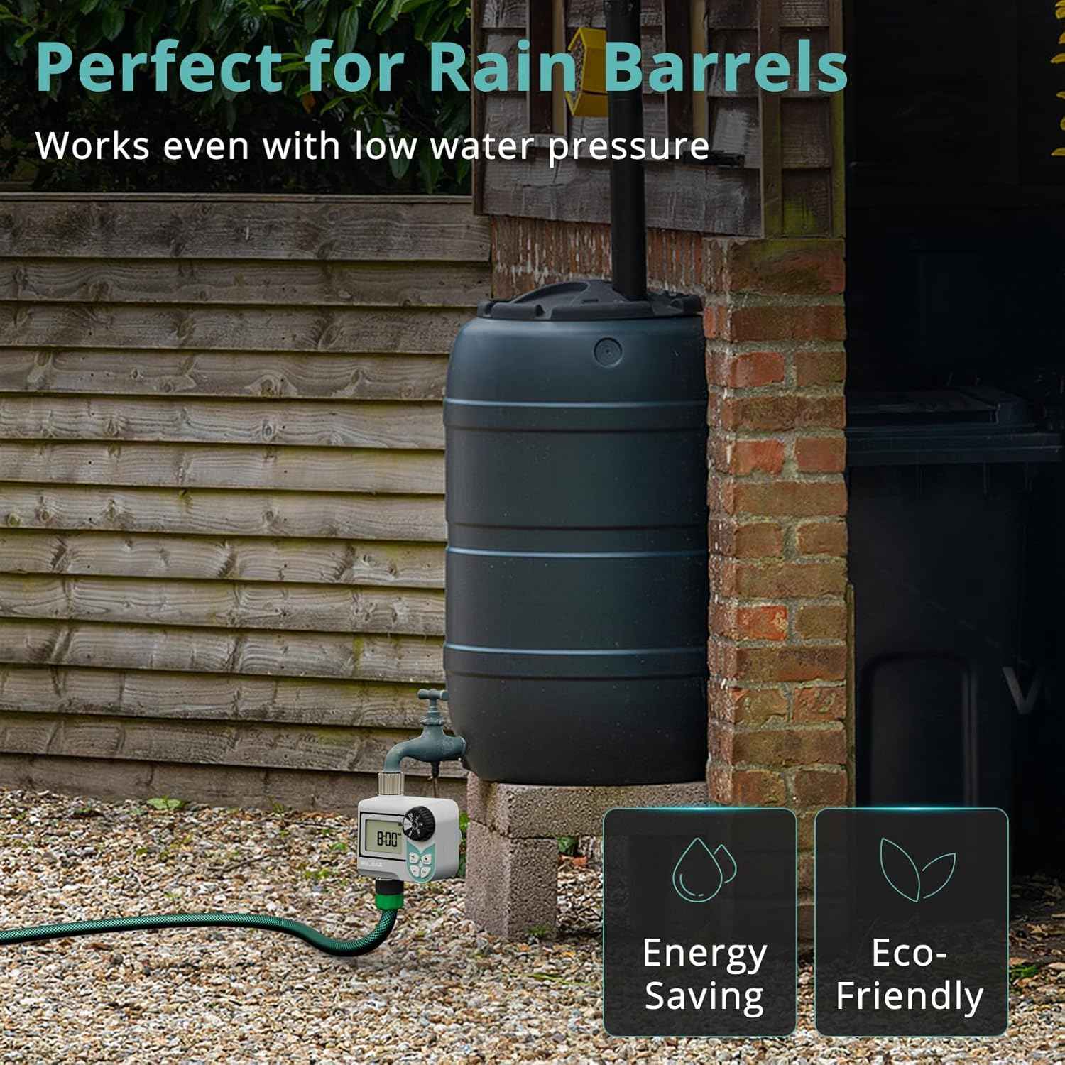 QUOBAS Low Pressure Water Timer, Weekly Programmable Sprinkler Timer with Brass Inlet & Outlet for Rain Barrel, Garden Hose, with Ball Valve & Waterproof Screen, Rain Delay/Manual/Auto Modes