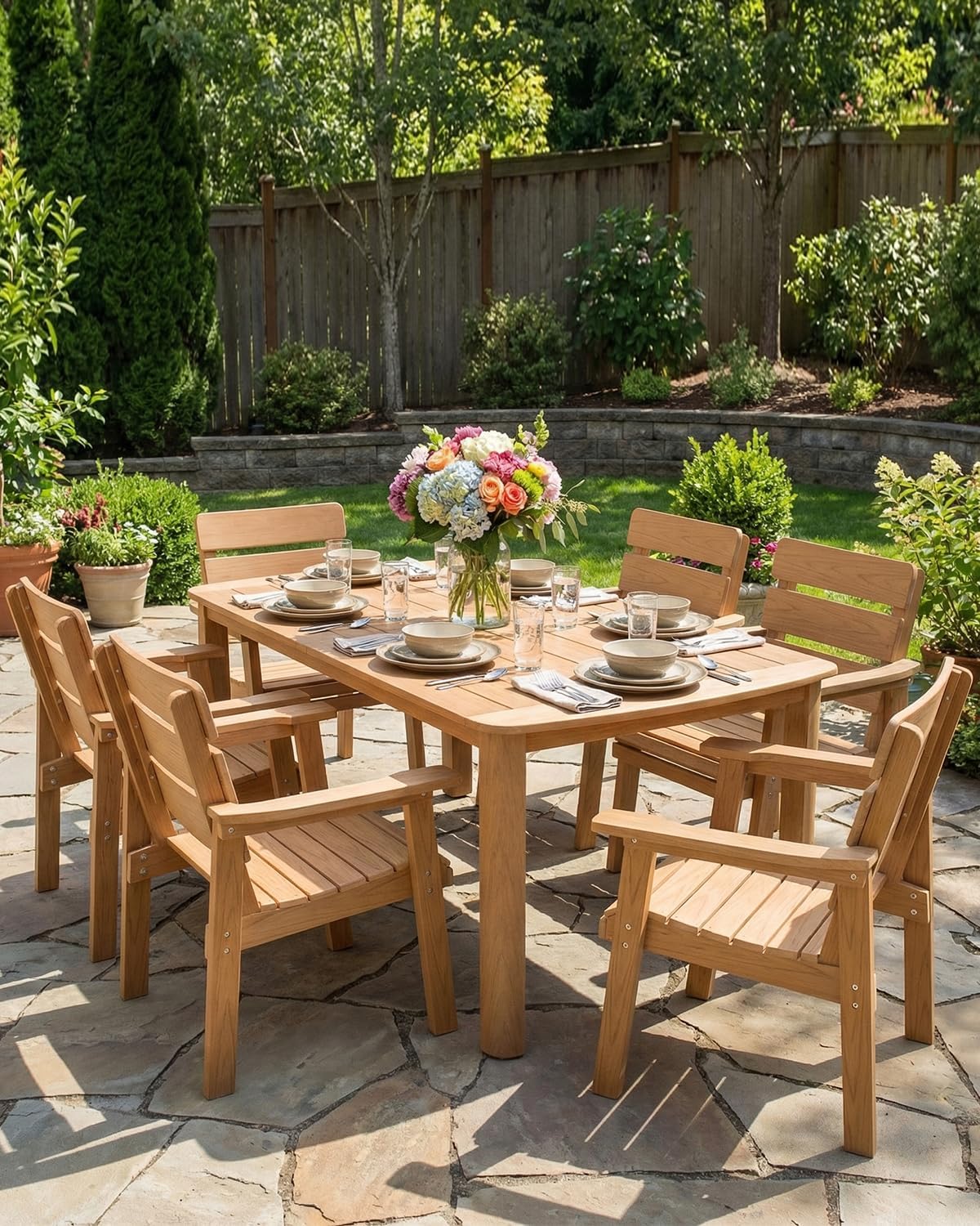 7-Piece Outdoor Dining Set, All-Weather HIPS Patio Table & Chairs for 6, Outdoor Furniture with Umbrella Hole, Ideal for Garden, Poolside, Backyard, Deck, Teak