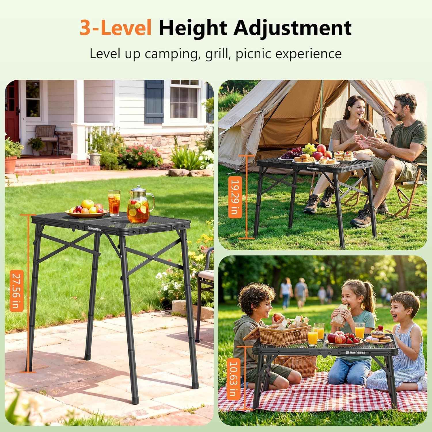Folding Grill Table for Outside, 3 Height Adjustable Small Camping Table with Mesh Bag, Metal Aluminum Folding Table, 23.62 x 15.75 inches, Portable Grill Stand for Picnic, Camping, BBQ, Beach, Black