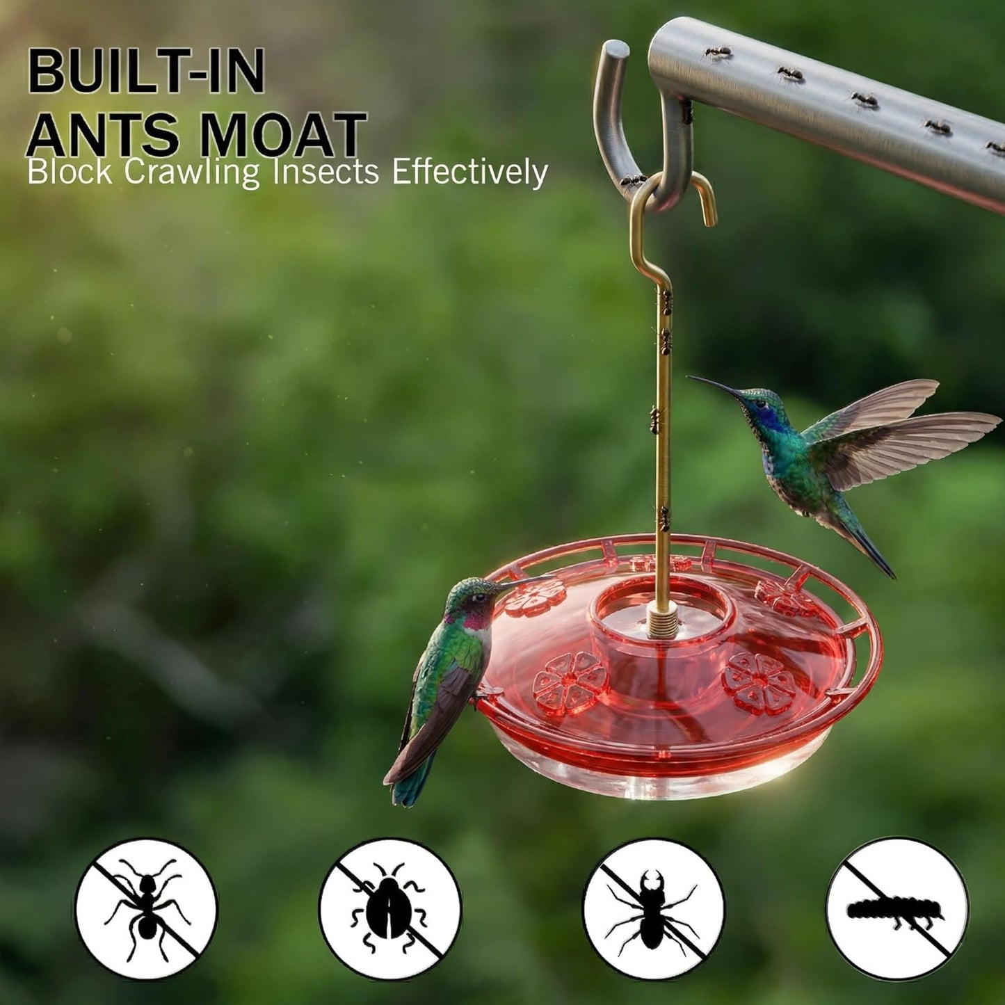 eWonLife Clear Ruby Hummingbird Feeders for Outdoors, 2 Pack 16OZ Leak Proof Saucer Humming Bird Feeder with Integrated Ant Moat, Bee Proof 5 Feeding Ports, Brush, Hanging Garden Decor for Mom