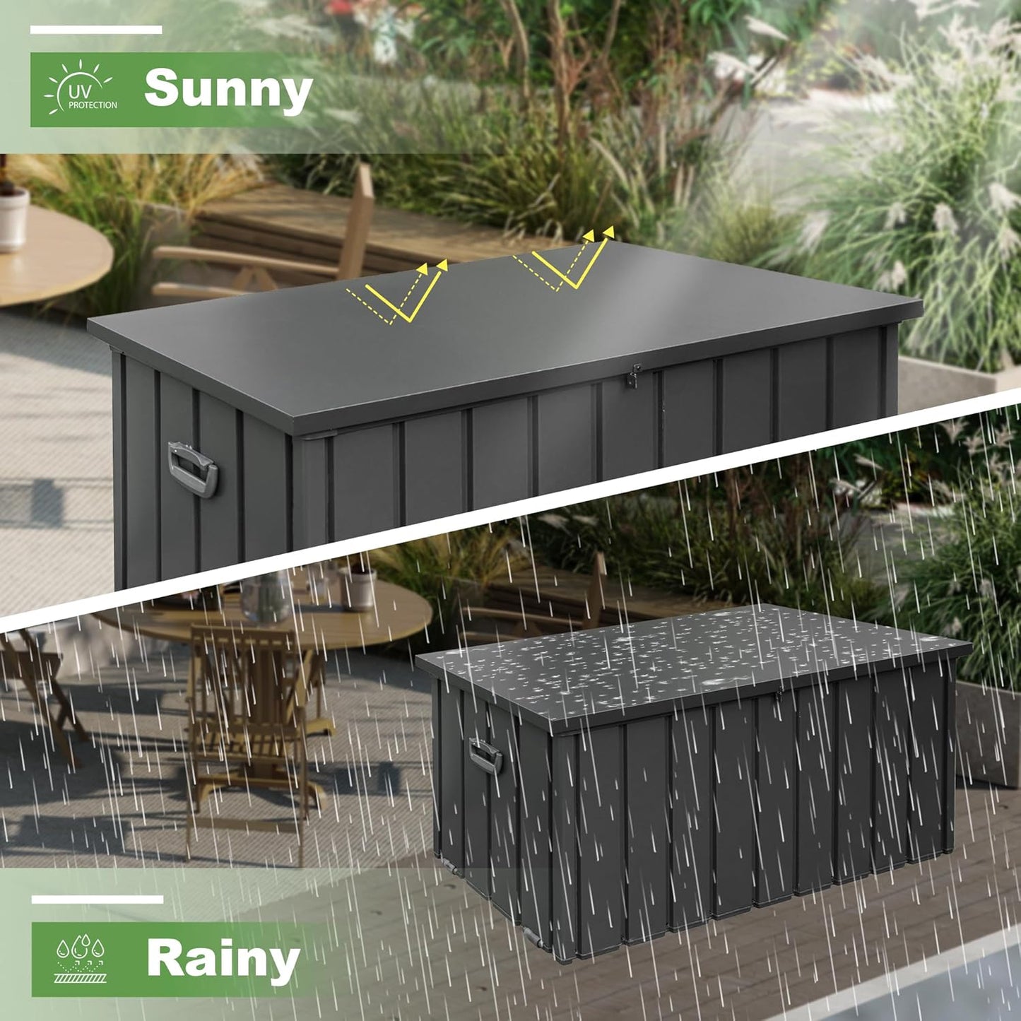 Domi 160 Gallon Deck Box, Outdoor Metal Lockable Storage Cabinet, Waterproof Steel Outdoor Bench with Lockable Lid, Side Handles & Rolling Casters for Outside Cushions, Pillows, Garden Tools, Grey
