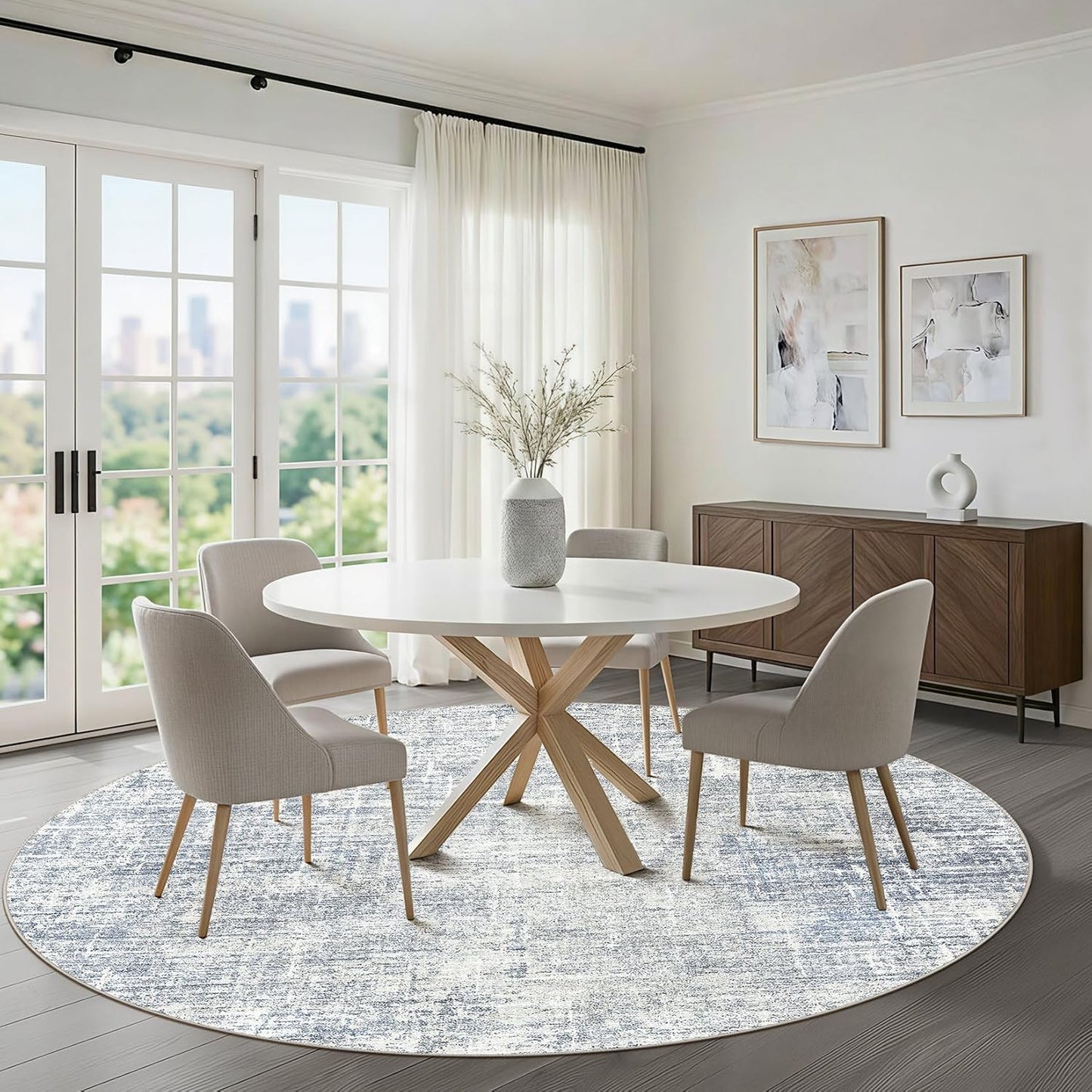 7ft Round Rug Living Room: 7x7 Washable Large Neutral Blue Circle Area Rug Abstract Soft Modern Stain Resistant Indoor Floor Non-Slip Carpet for Bedroom Nursery Kids Office Playroom Dining Room