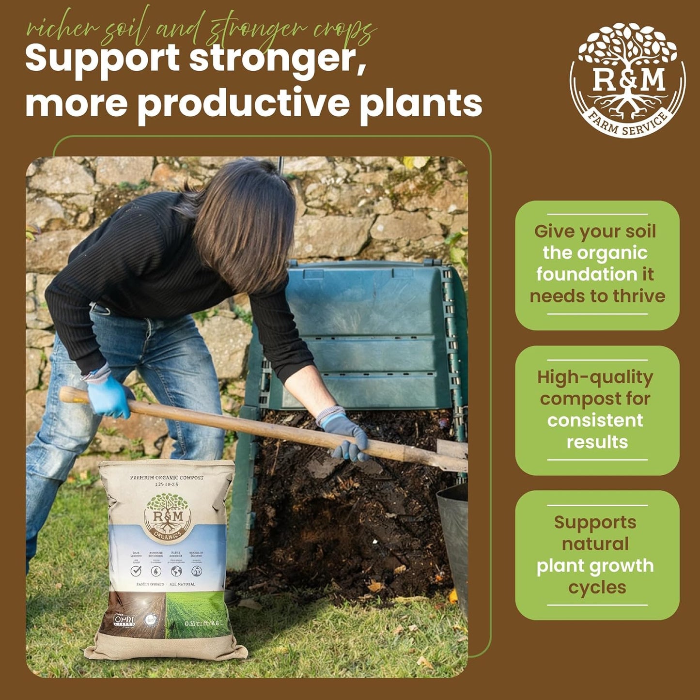 R&M Organics Premium Organic Compost 10 lb Bag for Vegetables, Flowers, Plants & Lawns-All Purpose Soil Amendment Fertilizer - Moisture Retention, Low Odor, Manure Based Compost - Indoor & Outdoor Use